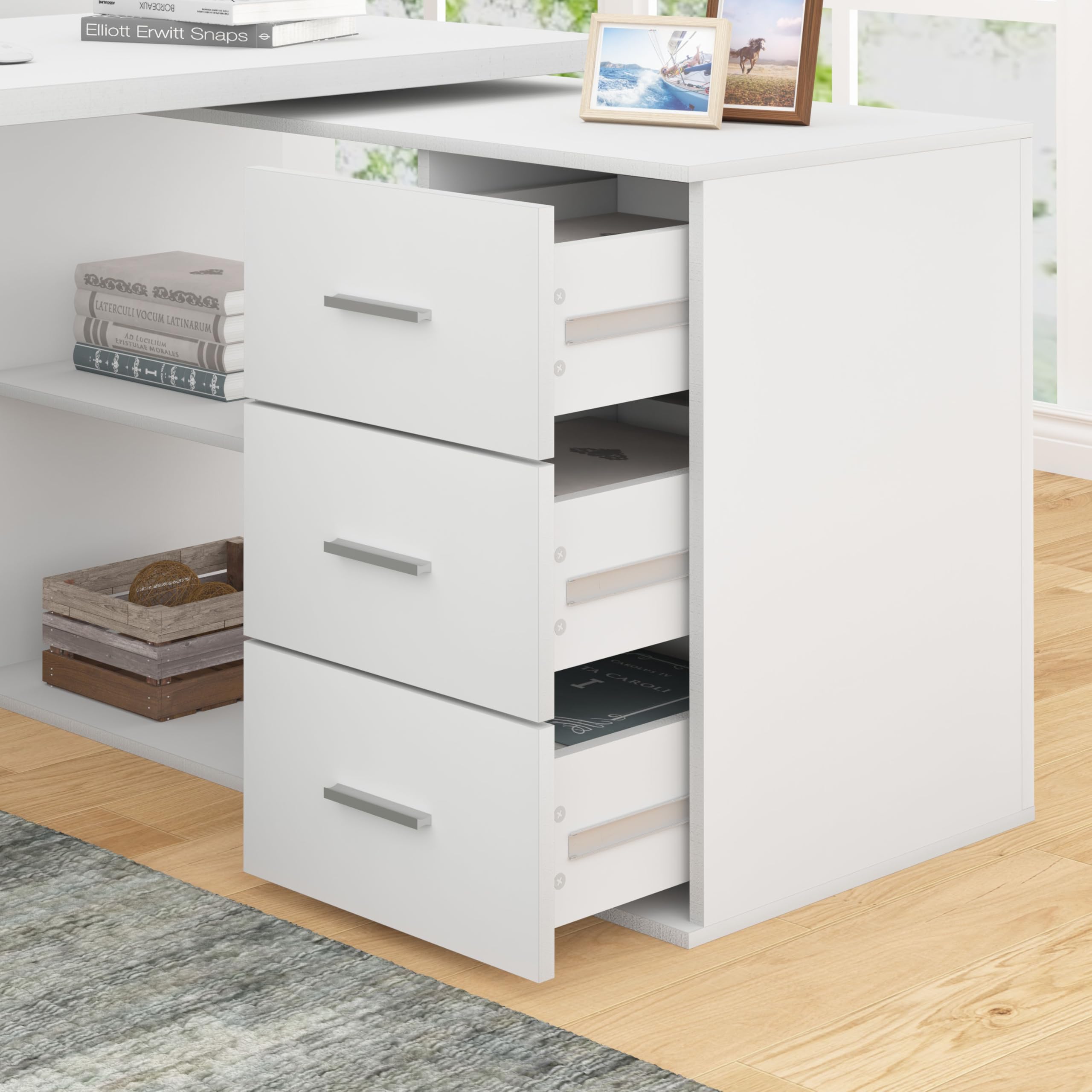 HSH 140cm Schreibtisch l Form Modern Eckschreibtisch Weiß für HomeOffice | Computertisch mit 3 Schubladen und 2 Regalen Wendbarer Eckschreibtisch mit Stauraum für Homeoffice Bürotisch