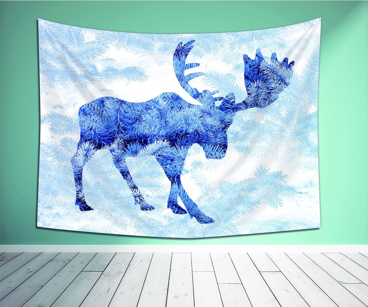 Avamam Tapestry Wall Art Moose Blue Pattern Pine Needles Spruce Tree With Antlers Deer Family Snow Winter Design Horns Decor Blue White Super Wall Hanging For Bedroom Living Room Dorm Size-60"Wx40"H