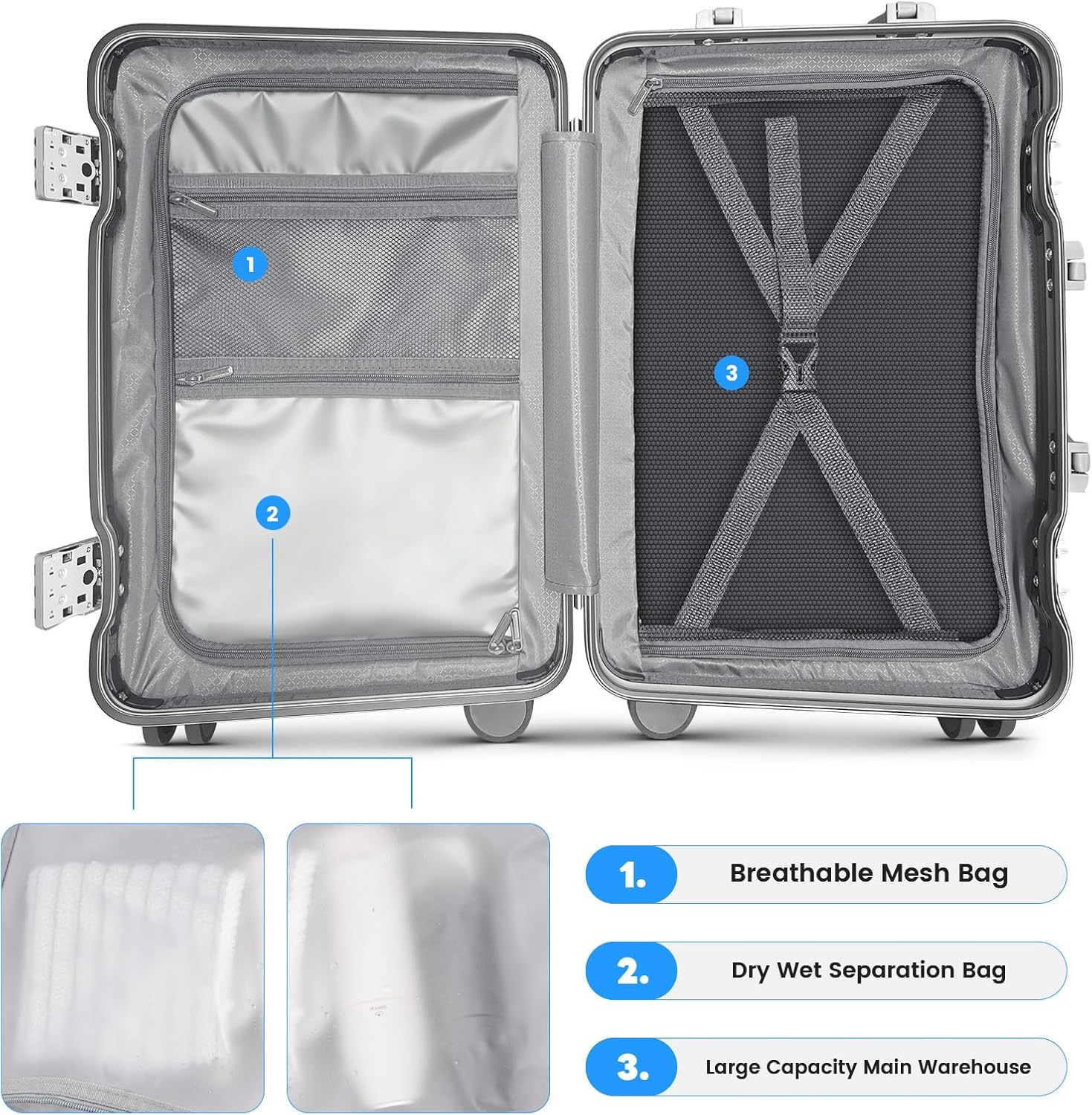 20 Inch Carry on Luggage with Cup Holder, Airline Approved 22x14x9 Aluminum Frame PC Hard Shell Suitcase, 360° Spinner Wheels, TSA Lock for Short Trips and Business Travel