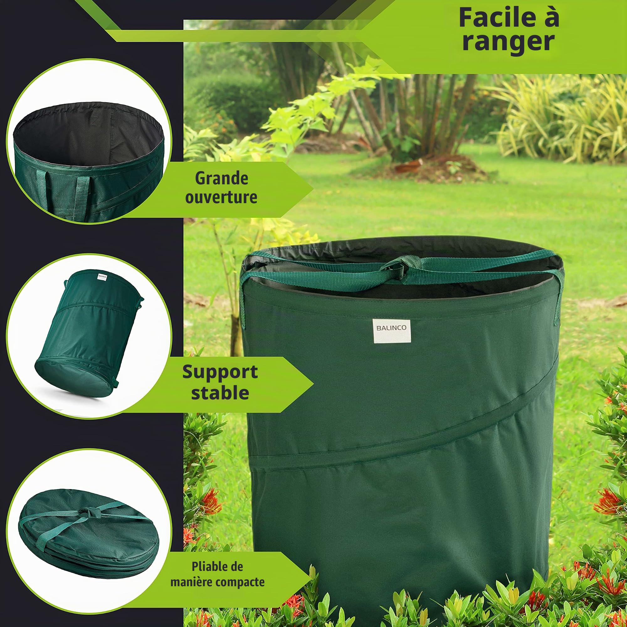 3x 170 litres Pop-Up Sac à déchets de jardin vert autoportant & stable | Sac à feuilles | Sac de jardin | Sacs de jardin | Sacs pour déchets verts pliables, grand en polyester extrêmement résistant 22