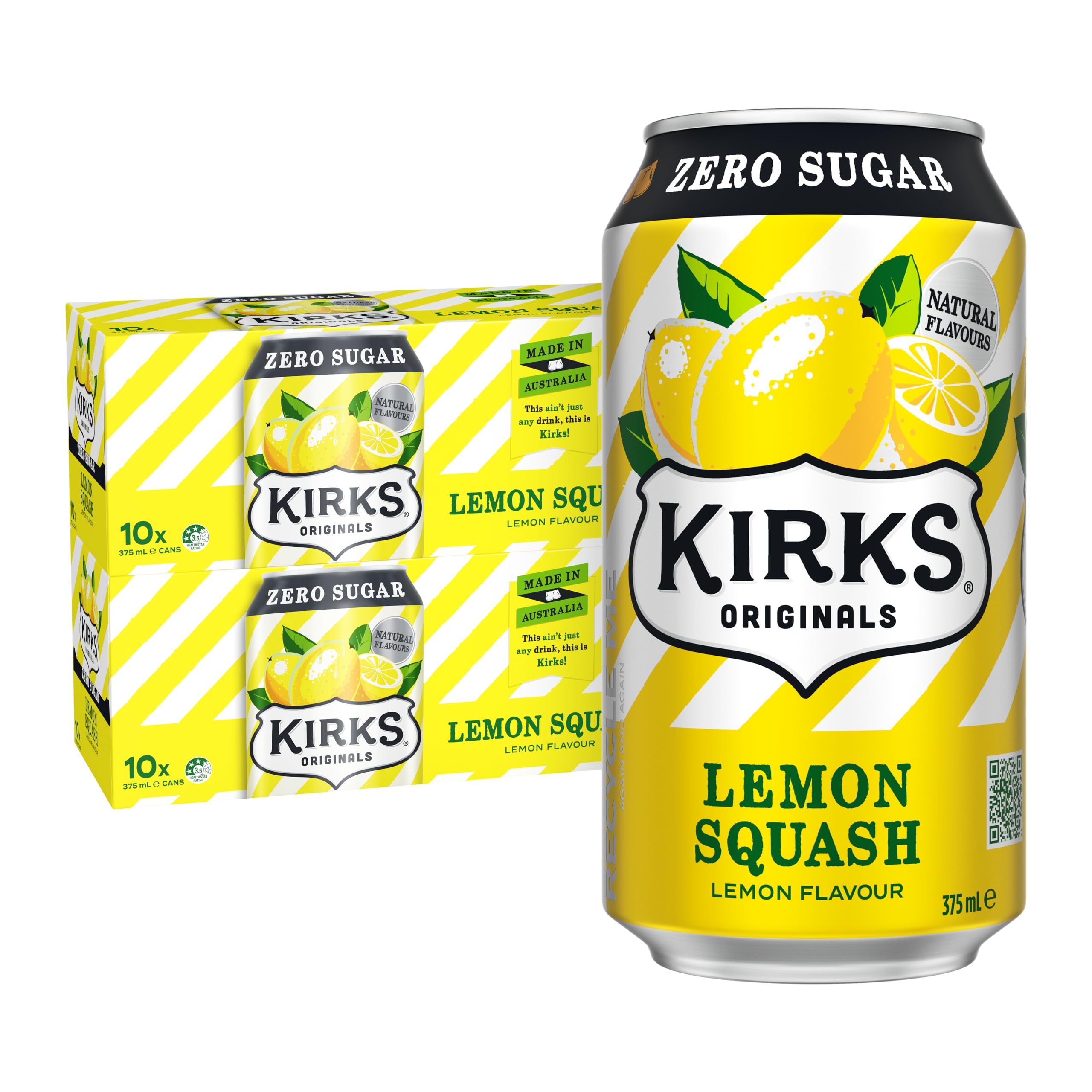 Kirks Lemon Squash Zero Sugar Soft Drink Multipack Cans 20 x 375mL