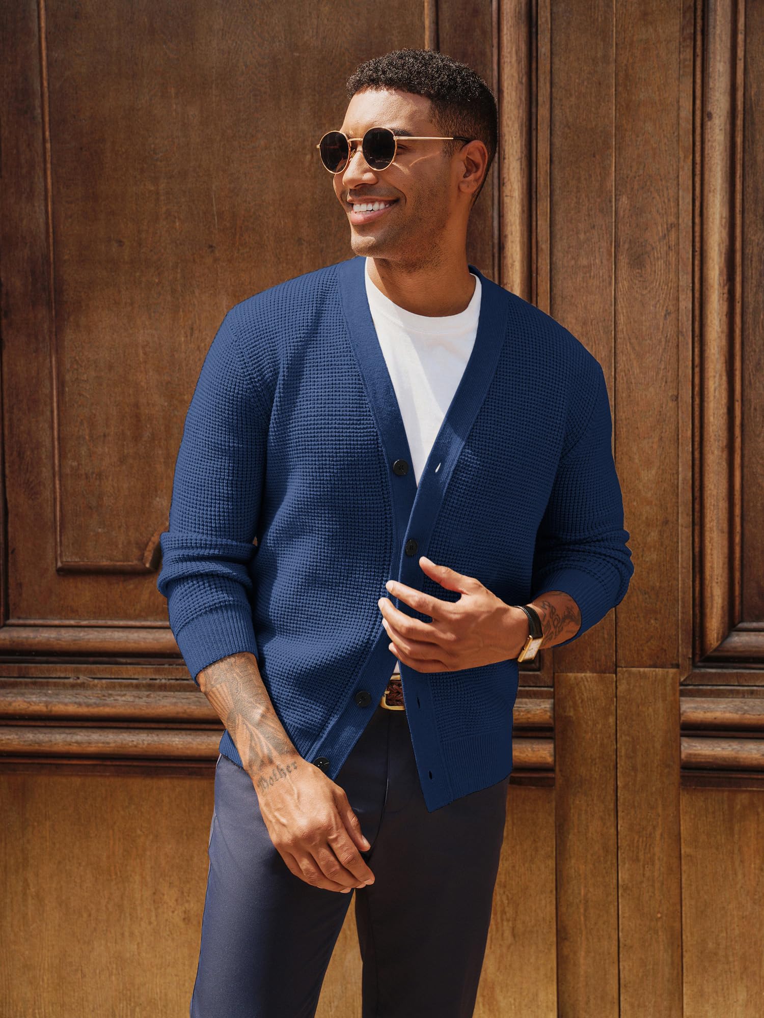 PJ PAUL JONES Cardigan gaufré pour homme - Manches longues - Col en V - Bouton Down