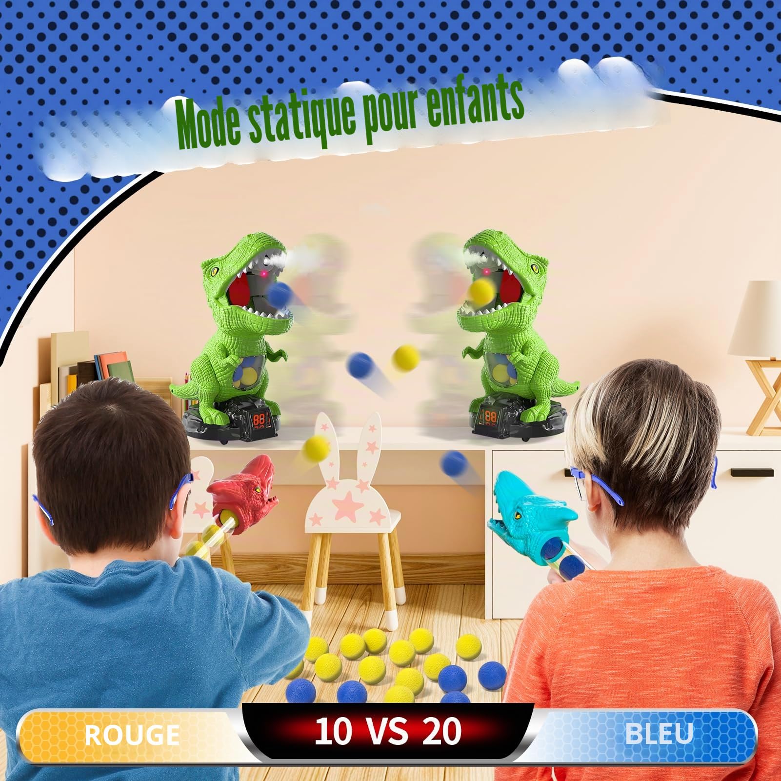 Jouet de tir Dinosaure pour garçon de 2, 3, 4, 5, 6, 7 Ans, avec Lanceur de Pompe à air, Cible Mobile et 48 Boules en Mousse, Jeux d'extérieur/arrière-Cour avec Score LED et Son