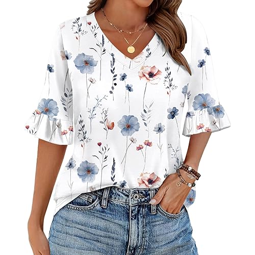 Zeagoo Womens Tops Casual V Neck Shirts Floral Solid Blouse Ruffle Tunics 3/4 Sleeve Tshirt S-XXL