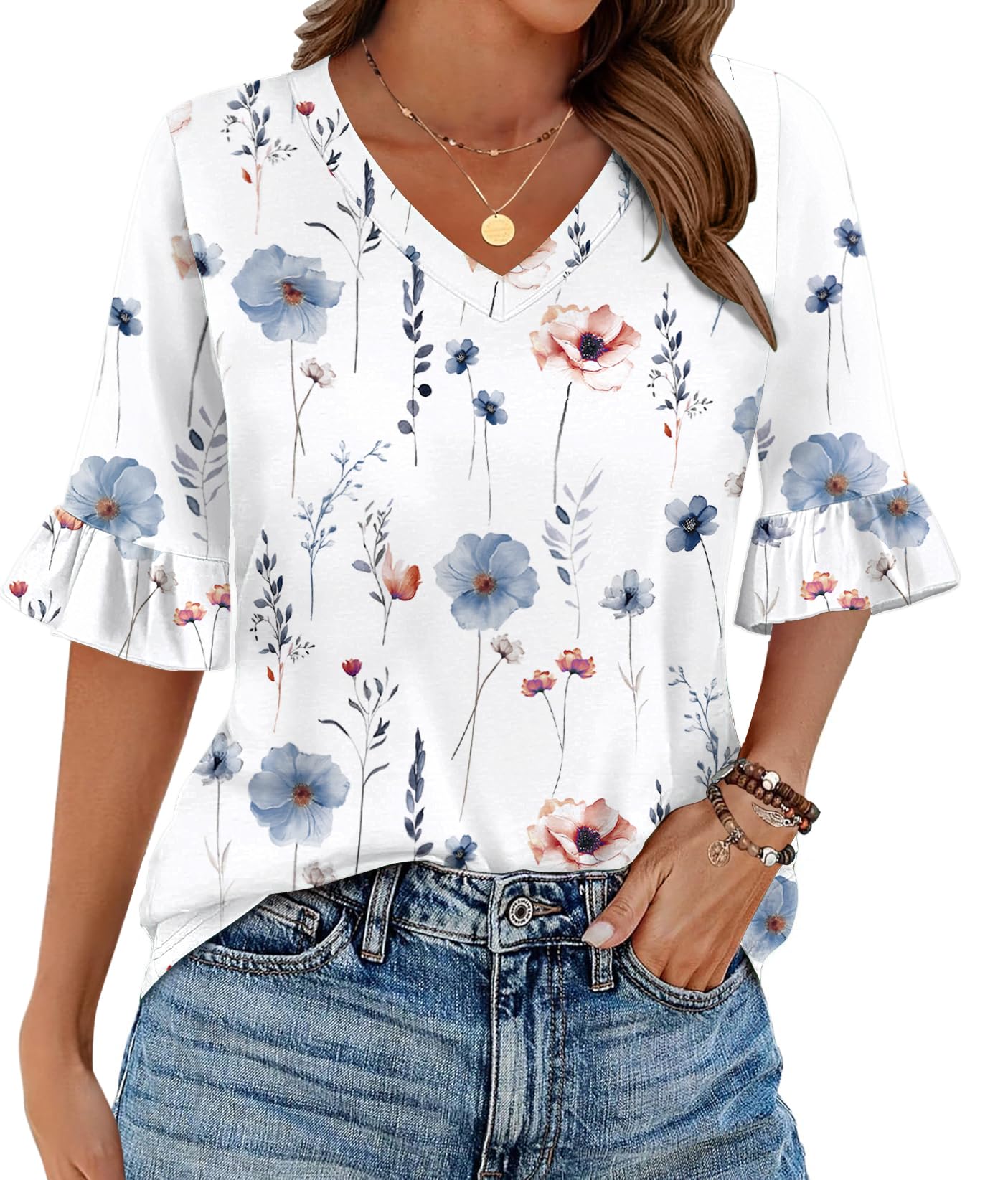 Zeagoo Womens Tops Casual V Neck Shirts Floral Solid Blouse Ruffle Tunics 3/4 Sleeve Tshirt S-XXL