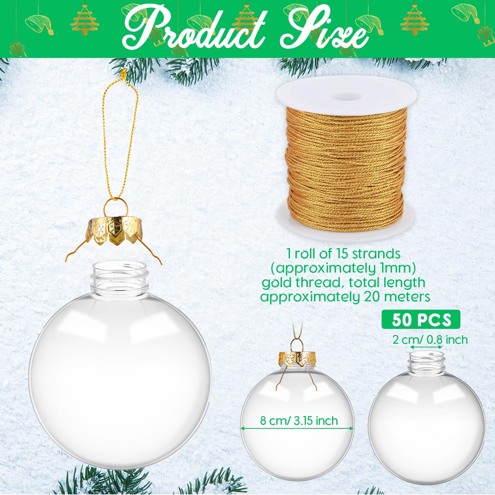 Wettarn 50 bolas de adorno rellenables de Navidad a granel, burbujas de plástico, adornos colgantes para manualidades, fiestas, decoración de cumpleaños (3.15 pulgadas, dorado)