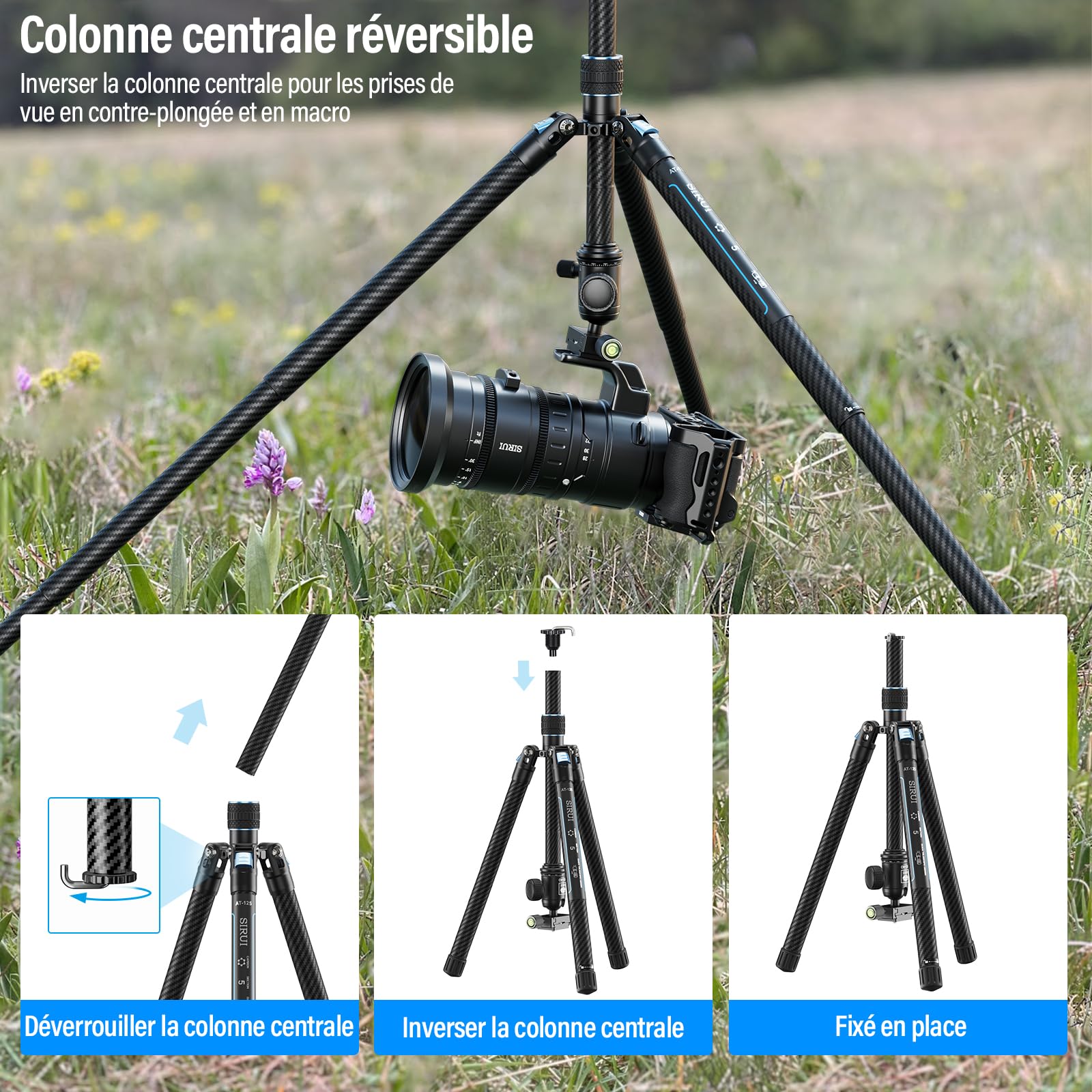 SIRUI 60'' Trépied Appareil Photo avec PTZ 360°,Trépied Vidéo en Fibre de Carbone,Pied Camera de 2 LB avec Plaque de Chargement Rapide,Poids Maximum 10kg(Traveler X-III)