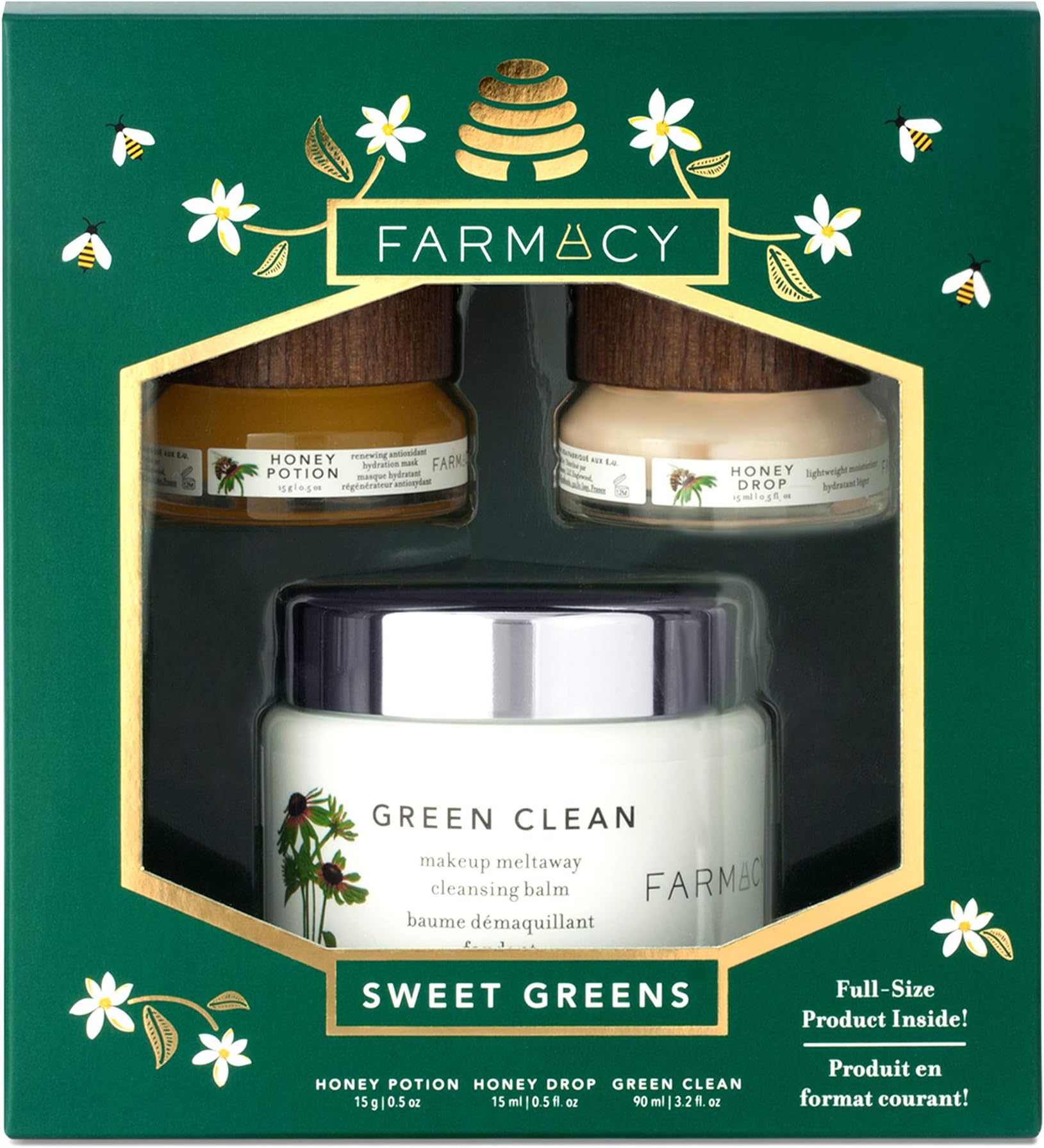 Farmacy Sweet Greens Honey Skincare Cosmetics Gift Set - Green Clean Makeup Remover, Honey Drop Moisturizer, & Honey Potion Face Mask