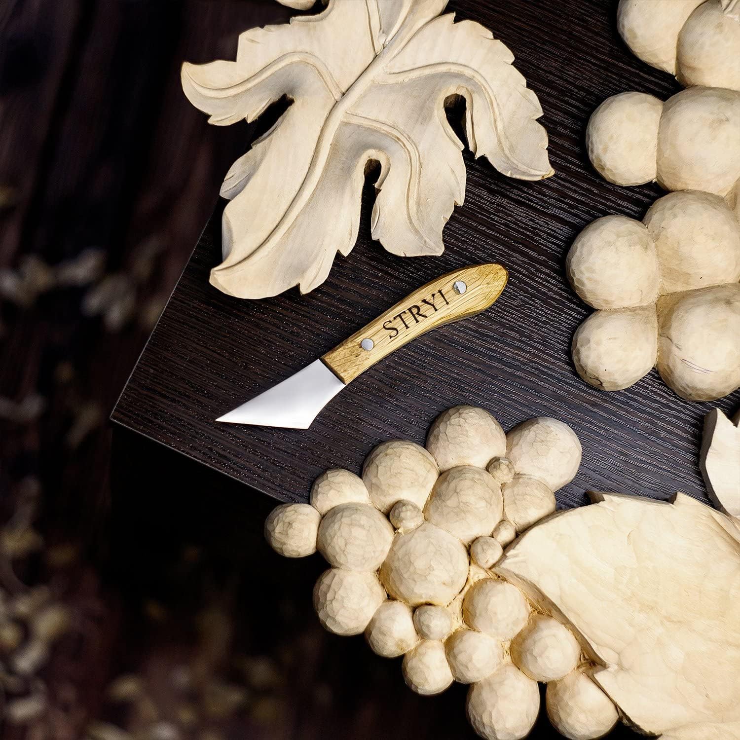 StryiCarvingTools Stryi Carving Detail Knife, Woodcarving Whittling Knife for Figure Cutting, Chip Carving Knife Geometric Pattern,High Carbon Steel Blade 1.57'' Oblique 30 Degrees Tip K4030, Brown