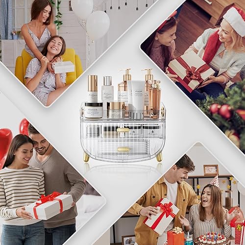 Miniatura 7 de LAMU Organizador de maquillaje con 2 cajones, almacenamiento de baño con cuatro pies antideslizantes y a prueba de polvo, simple y elegante para