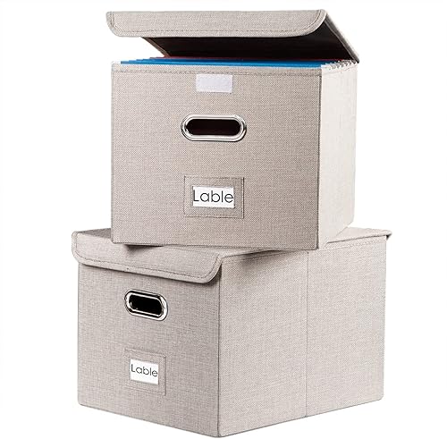 PRANDOM Caja organizadora de archivos, juego de 1 carpeta plegable decorativa de lino con tapas, gabinete de oficina, tamaño carta, color gris claro