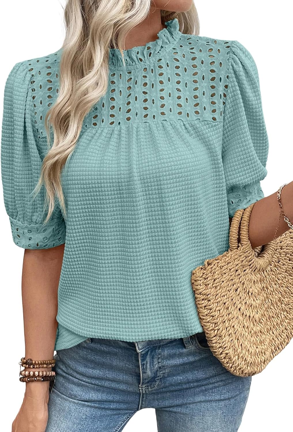 EVALESS Womens Tops Blouses for Women Dressy Casual Waffle Frill Trim Eyelet Embroidery Mock Neck Puff Sleeves Shirts