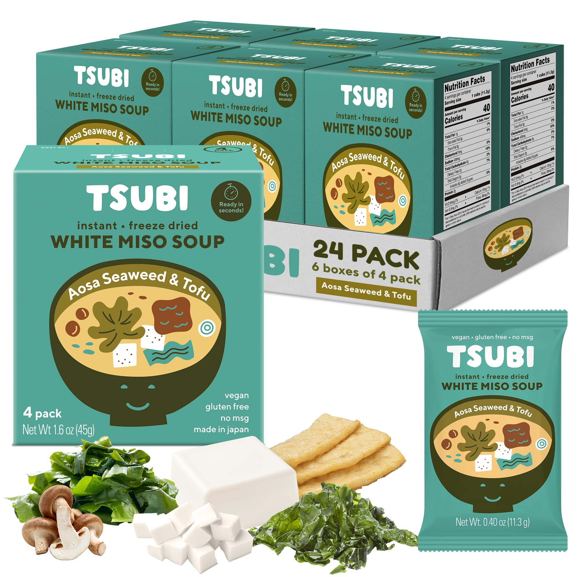 Tsubi Soup Freeze-Dried Japanese Miso Soup Packets - Instant, Vegan, Easy Mix, Gluten & MSG-Free, Flavorful - Ready in Seconds - Made in Japan - White Miso (Aosa Seaweed & Tofu) - 24 Packs