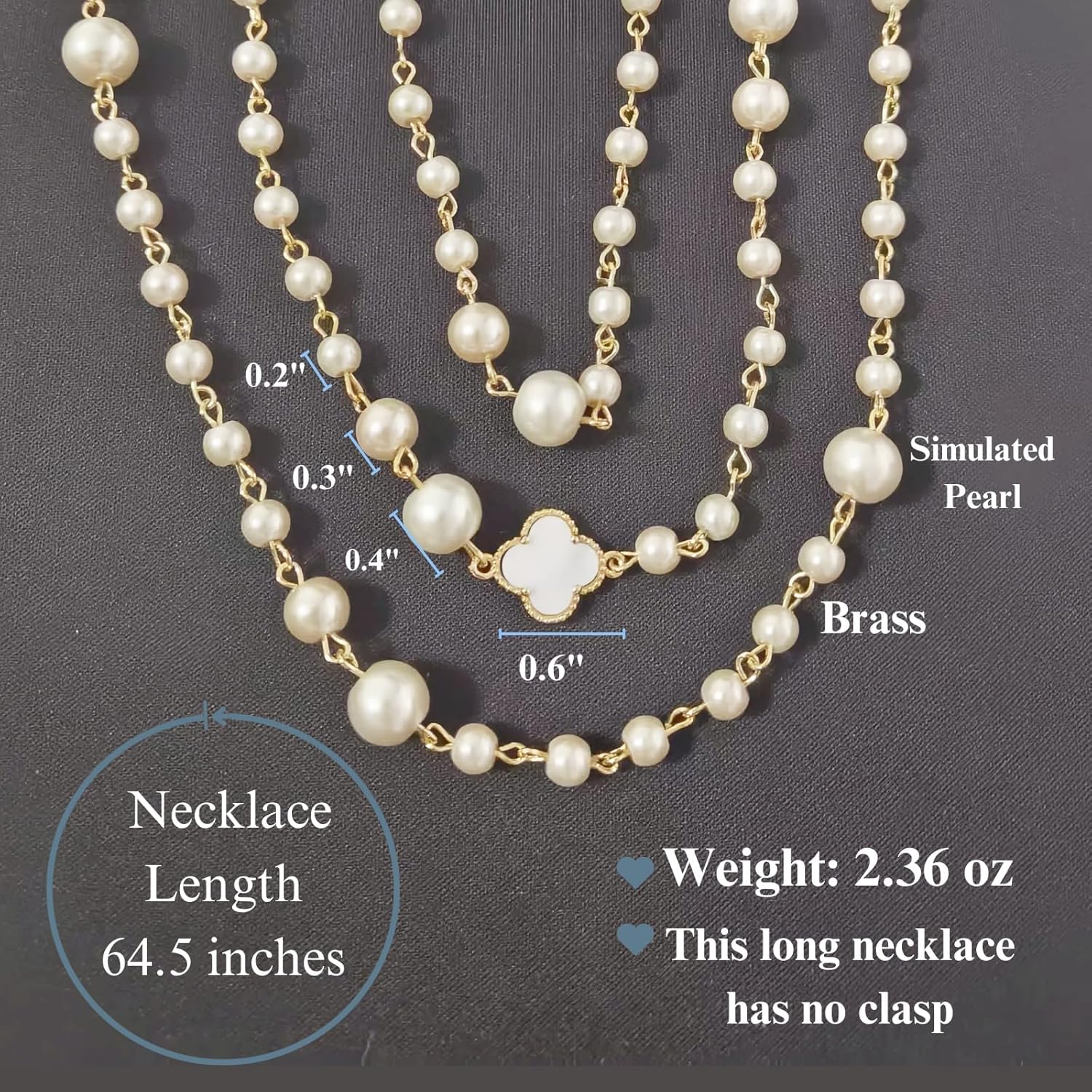 Multi-Strand Long Layered Simulated Pearl Necklace for Women, 14K Gold Plated Clover Necklace Jewelry Gift for Her - Image 3