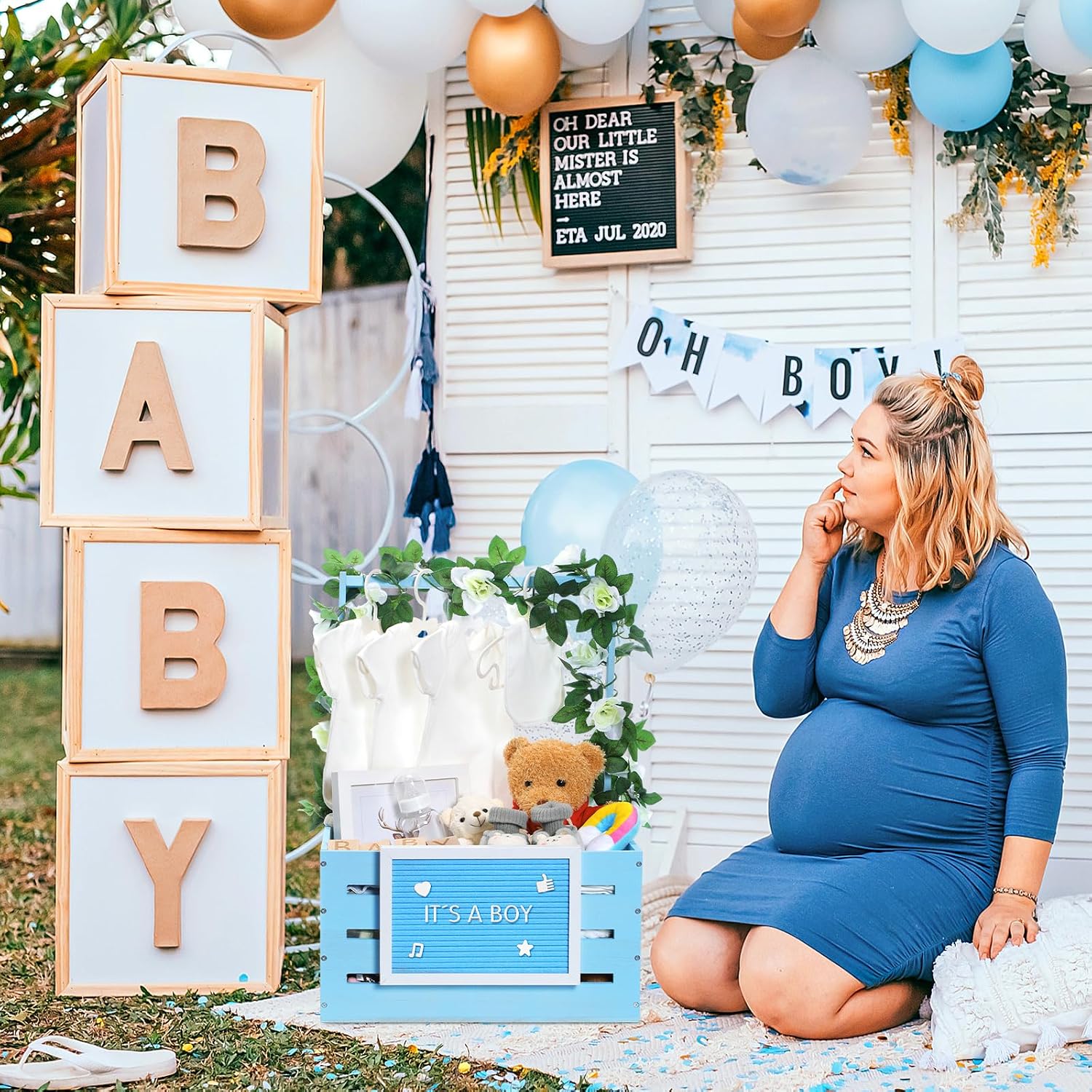 Barydat Wooden Baby Shower Crate Closet, Basket with Handle and Felt Letter Board Kit Garland Baby Shower Wooden Gift Crate Personalized Basket for Pregnancy Announcement New Parent(Blue)