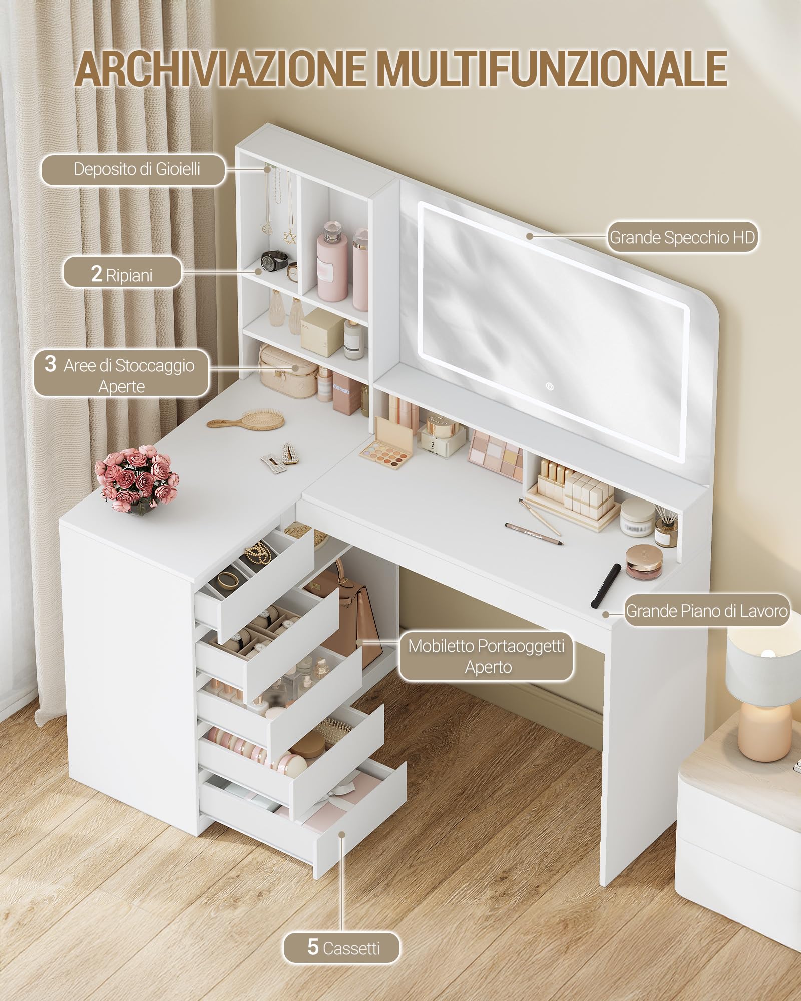 Hzuaneri Toeletta da Trucco Grande con Illuminazione a LED, Toeletta da Trucco con specchio, Postazione Truccos angolare a L con 5 cassetti, 7 scomparti aperti, ganci per collane, Bianco DT42503XEU