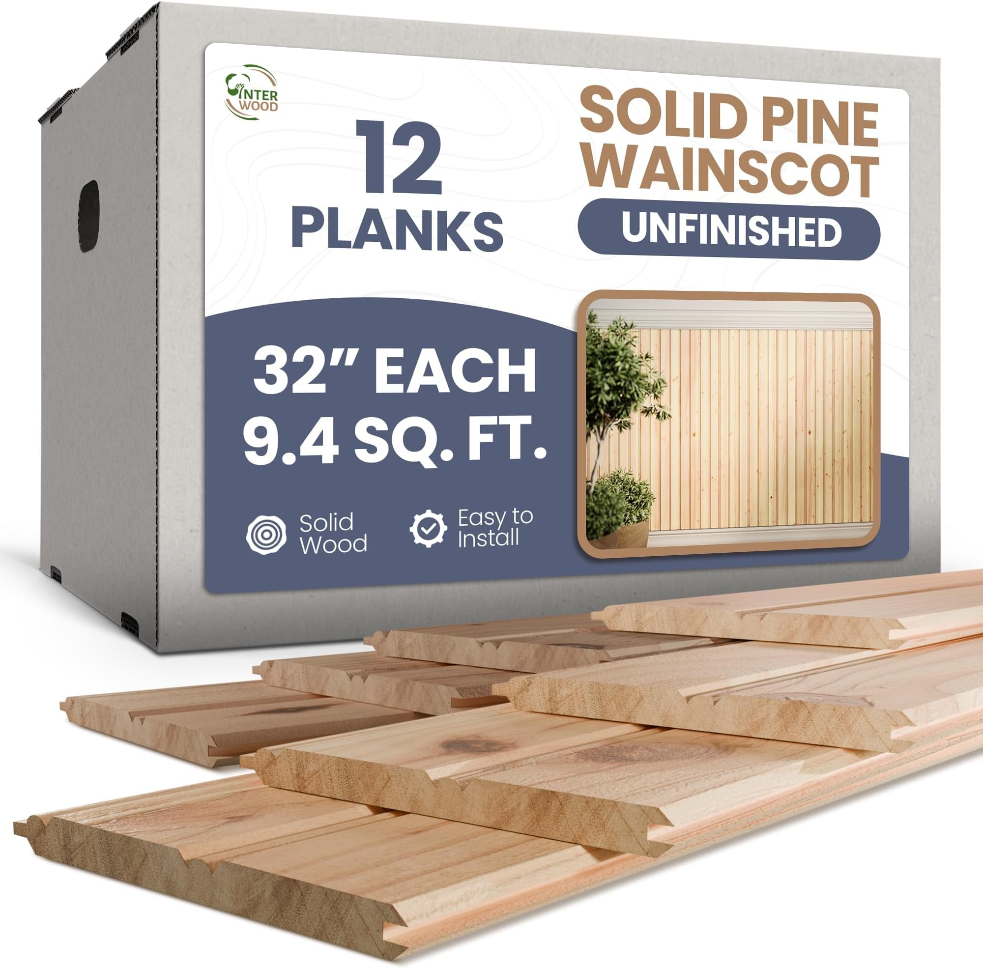 Interwood Wainscot Reversible Beadboard โ Tongue & Groove Wainscoting Panels, 32" Tall, Covers 3.5โ of Wall Space โ Solid Knotty Pine Wood, Unfinished DIY Paneling โ 12 Planks (9.4 sq. ft. Coverage)