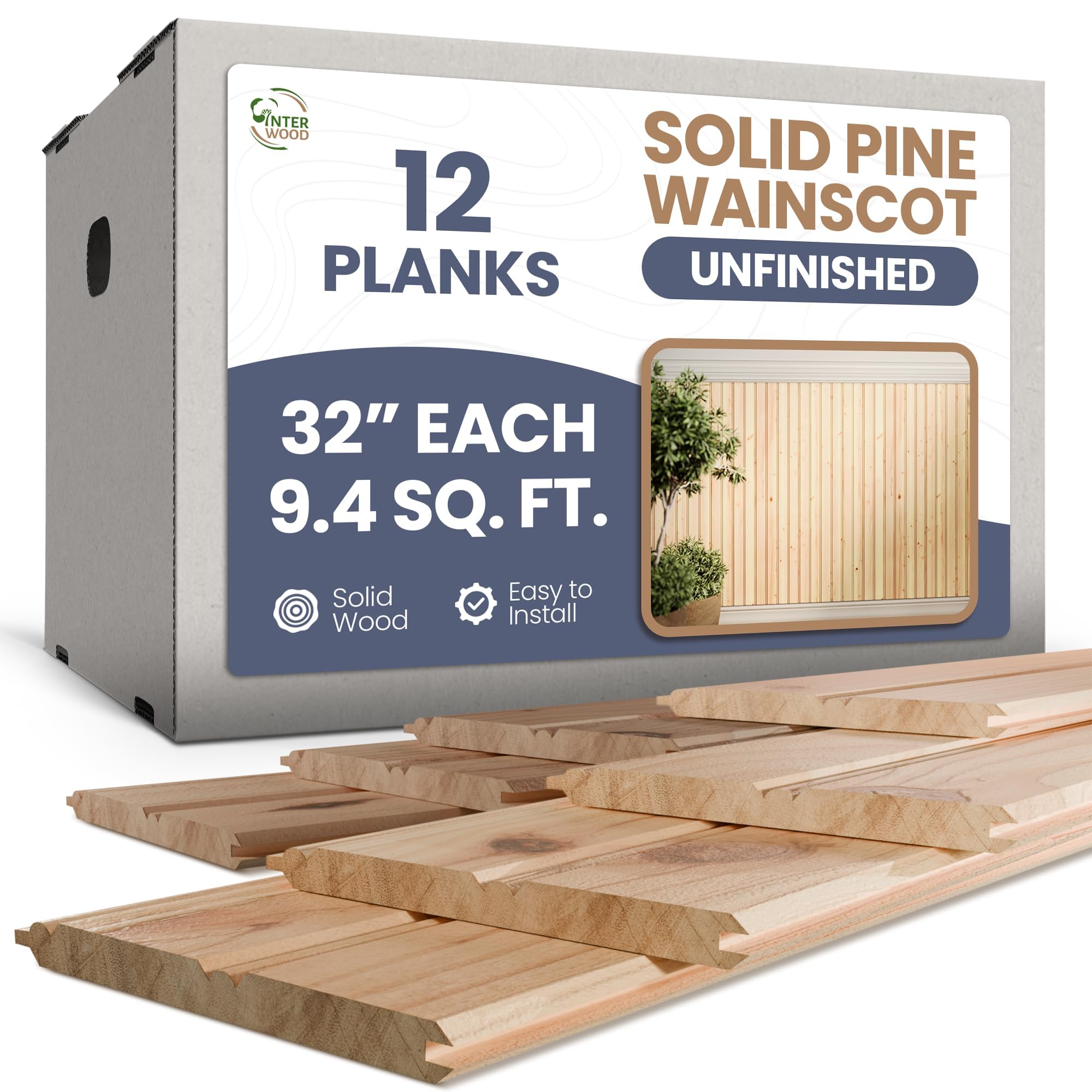 Interwood Wainscot Reversible Beadboard – Tongue & Groove Wainscoting Panels, 32" Tall, Covers 3.5’ of Wall Space – Solid Knotty Pine Wood, Unfinished DIY Paneling – 12 Planks (9.4 sq. ft. Coverage)