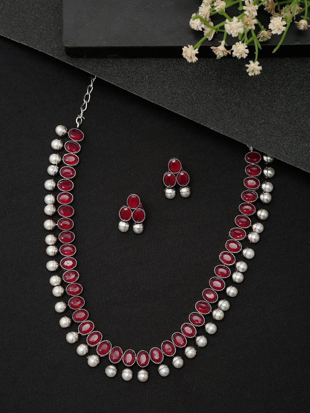 Oxidized Silver Necklace Set with Earrings