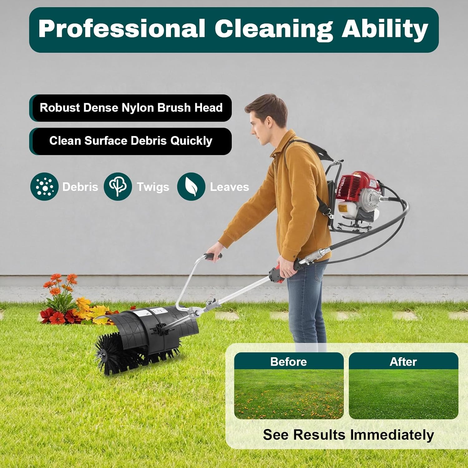 52CC Sweeper Machine 2-Stroke Gasoline Engine, Artificial Turf Vacuum Snow Shovel, Power Broom for Driveways, Lawns, Pavements, Golf Courses