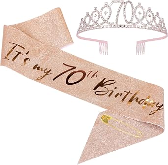 70th Women Birthday Sash and Tiara Set Rose Gold Sash Crown Party Favors Supplies for Women Party