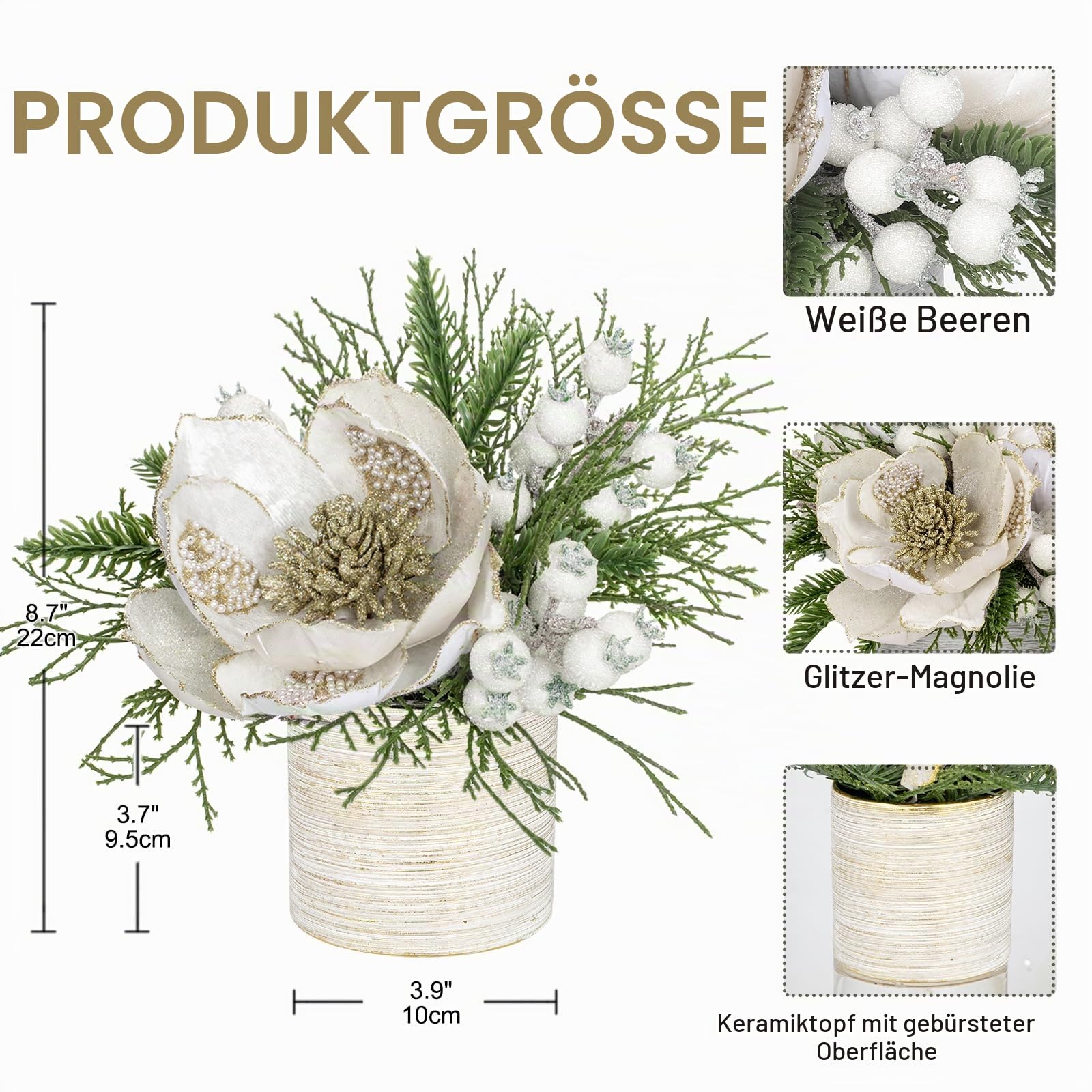 Briful Kunstpflanze Weihnachtsdeko Künstliche Pflanze Magnolie Gestecke Weihnachtsarrangement im Keramiktopf mit Tannenzweig Kugeln Berries Tannenzapfen, Dekopflanze Zimmerpflanze Tischdeko