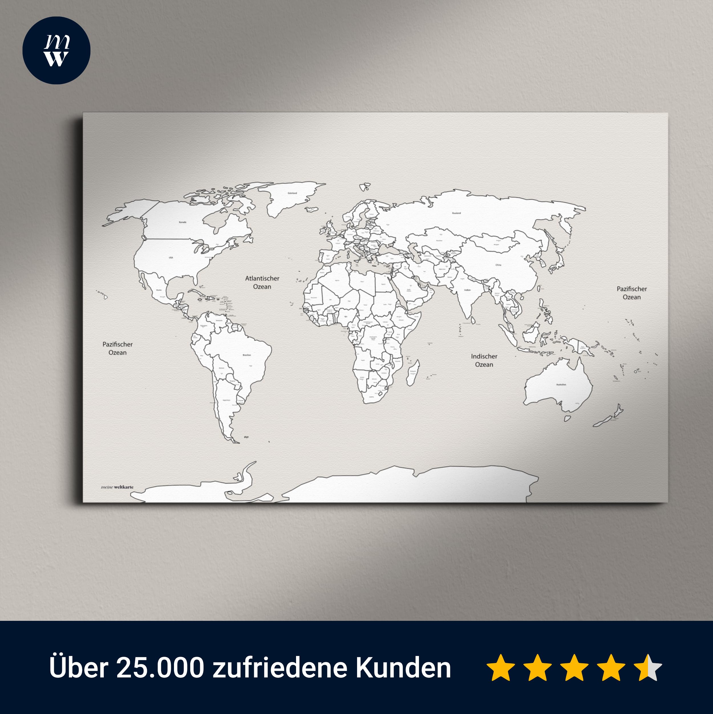 Weltkarte Wandbild: Ländernamen-Hauptstädte-Antarktis - handmade in Germany-Zum ausmalen/pinnen, (Keilrahmen, 60x40cm)