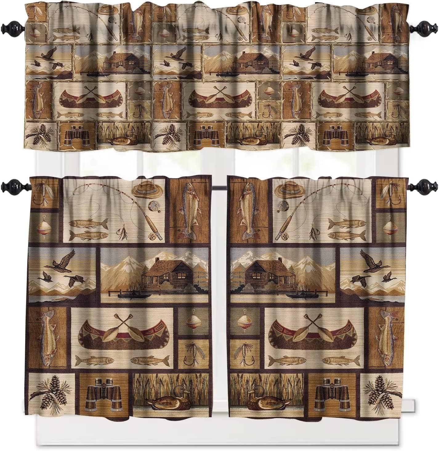 Rustic Kitchen Valances for Windows,Retro Farmhouse Vintage Country Cabin Fishing Boats Maple Leaf Rod Pocket Valance Curtain for Bedroom Restaurant Living Room Cafe Decor 54"x18" 1P + 27"x24" 2P