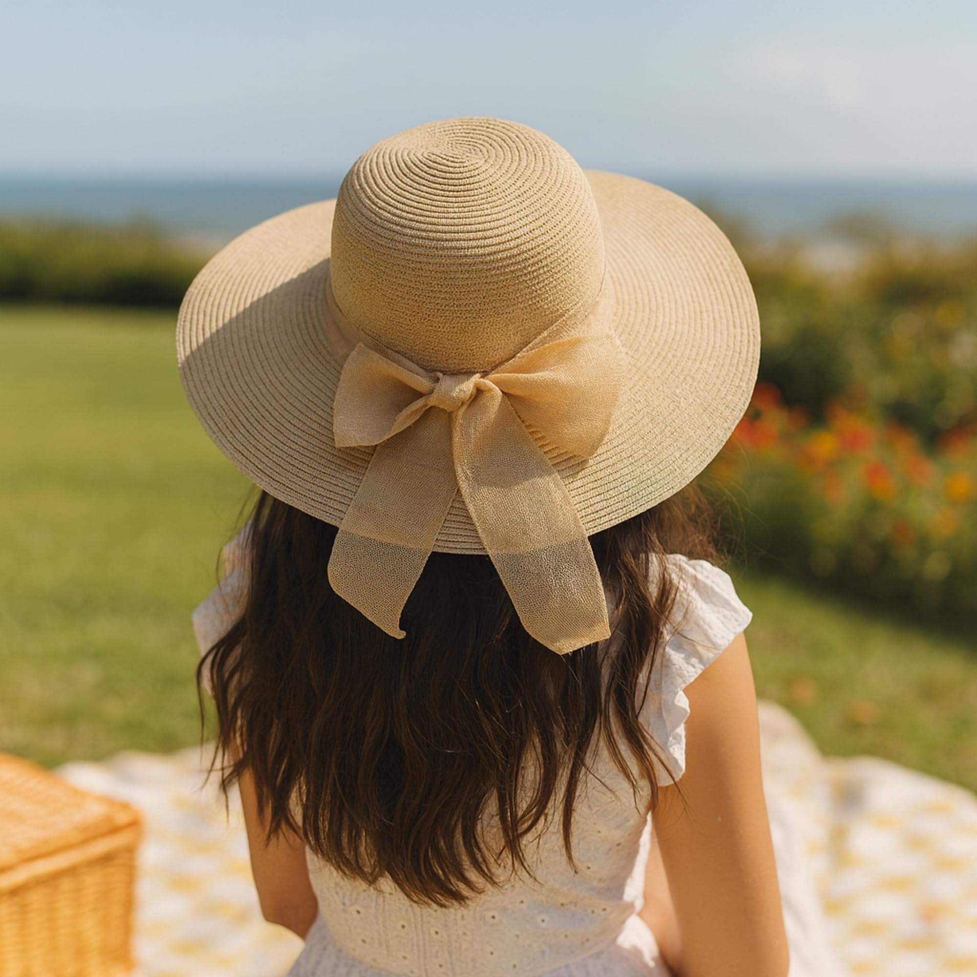 Cappello da Sole da Donna scanalatura in Paglia, Cappello Estivo con Fiocco, Cappello da Spiaggia, Cappello a Tesa Larga, Cappello floscio