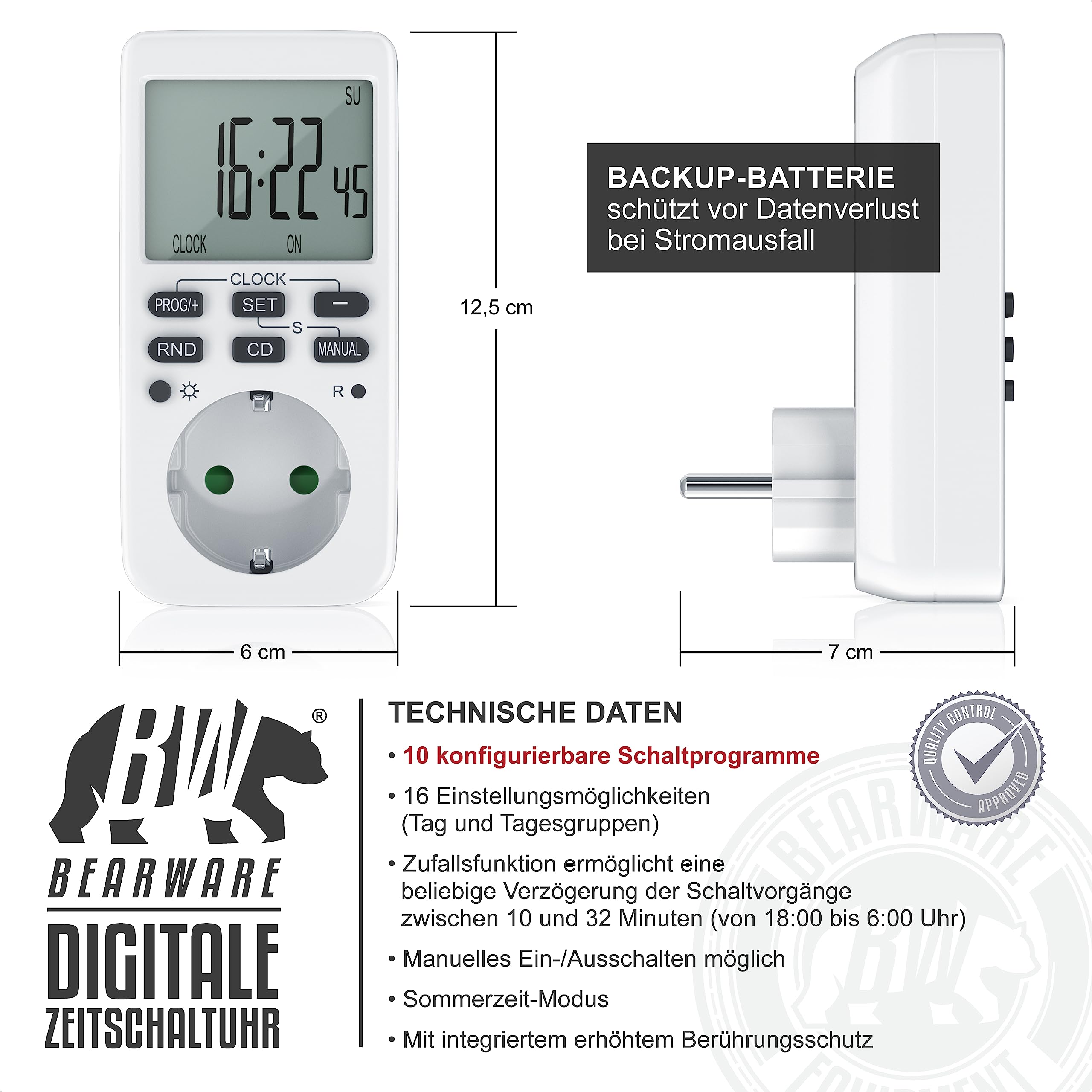 CSL - 4X Digitale Zeitschaltuhr Steckdose 3680W, Timer Steckdose für Innen mit 10 täglichen konfigurierbaren Programmen, LCD Display 2,3 Zoll, Zufallsfunktion für Innen