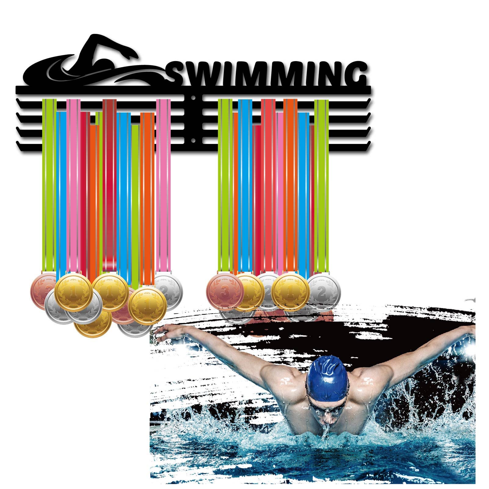 CREATCABIN Marathon Swimming Medal Hanger Swim Medal Holder Display Wall Mount Decor Frame Iron Hooks Hanging Awards Metal Medal Rack Organizer For Sports Swimmer Athlete Medals Black 15.7 X 5.9Inch - View #10