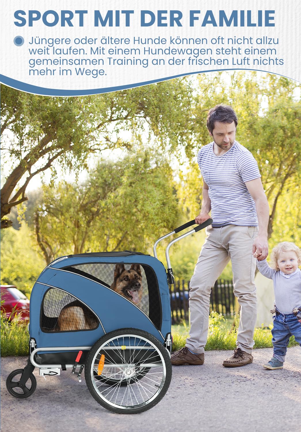 Hunde Fahrradanhänger XL, 2 in 1 Hundeanhänger & Jogger mit Reflektor und Bremse, 600D Oxford Canvas, maximale Belastung 40kg-Blau