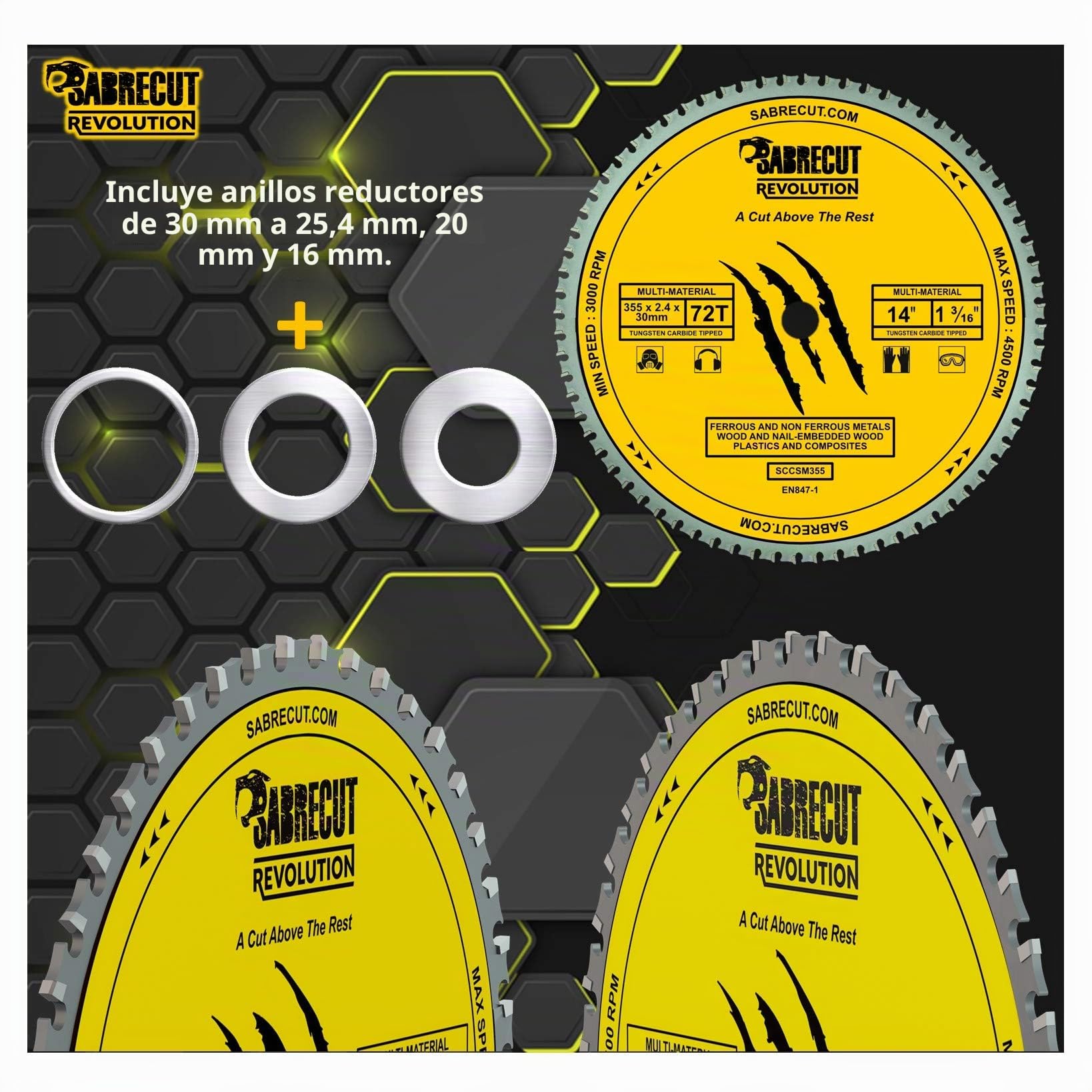 1 hoja de sierra circular SabreCut SCCSM355_72 355 mm 72T x 30 mm 25,4 mm 20 mm 16 mm agujero multimaterial metal, madera, plástico compatible con Bosch Dewalt Makita Milwaukee y muchos otros