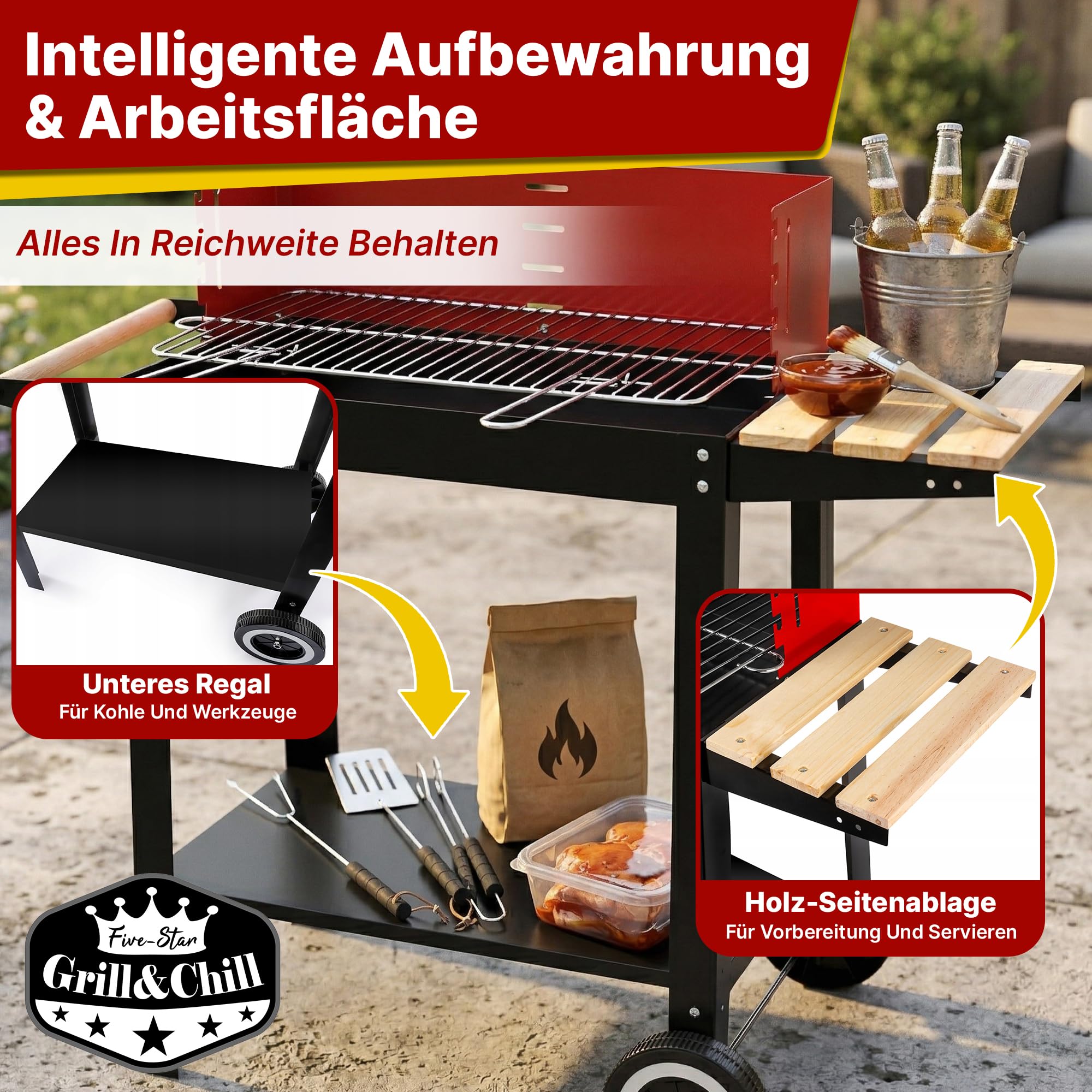 Five-Star Grill&Chill Holzkohlegrill – Verchromter Doppelrost 50 × 26,5 cm, 4-fach höhenverstellbar – Mobil mit Rädern & Holzablage – Für Garten, Balkon & Camping – Emaillierte Feuerschale