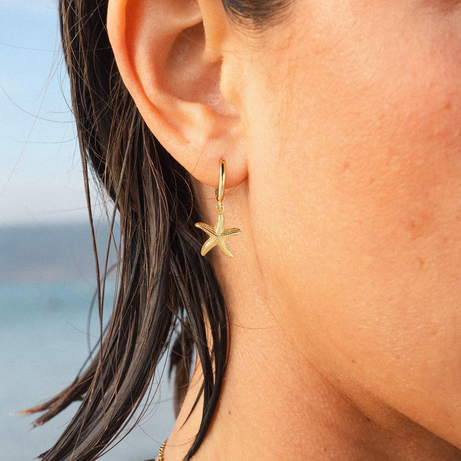 Huggie Earrings-14k Gold Plated Bee Feather Moon Star Leaf Cross Starfish Snakle Heart Shell Drop Huggie Hoop Earrings For Women - Image 3