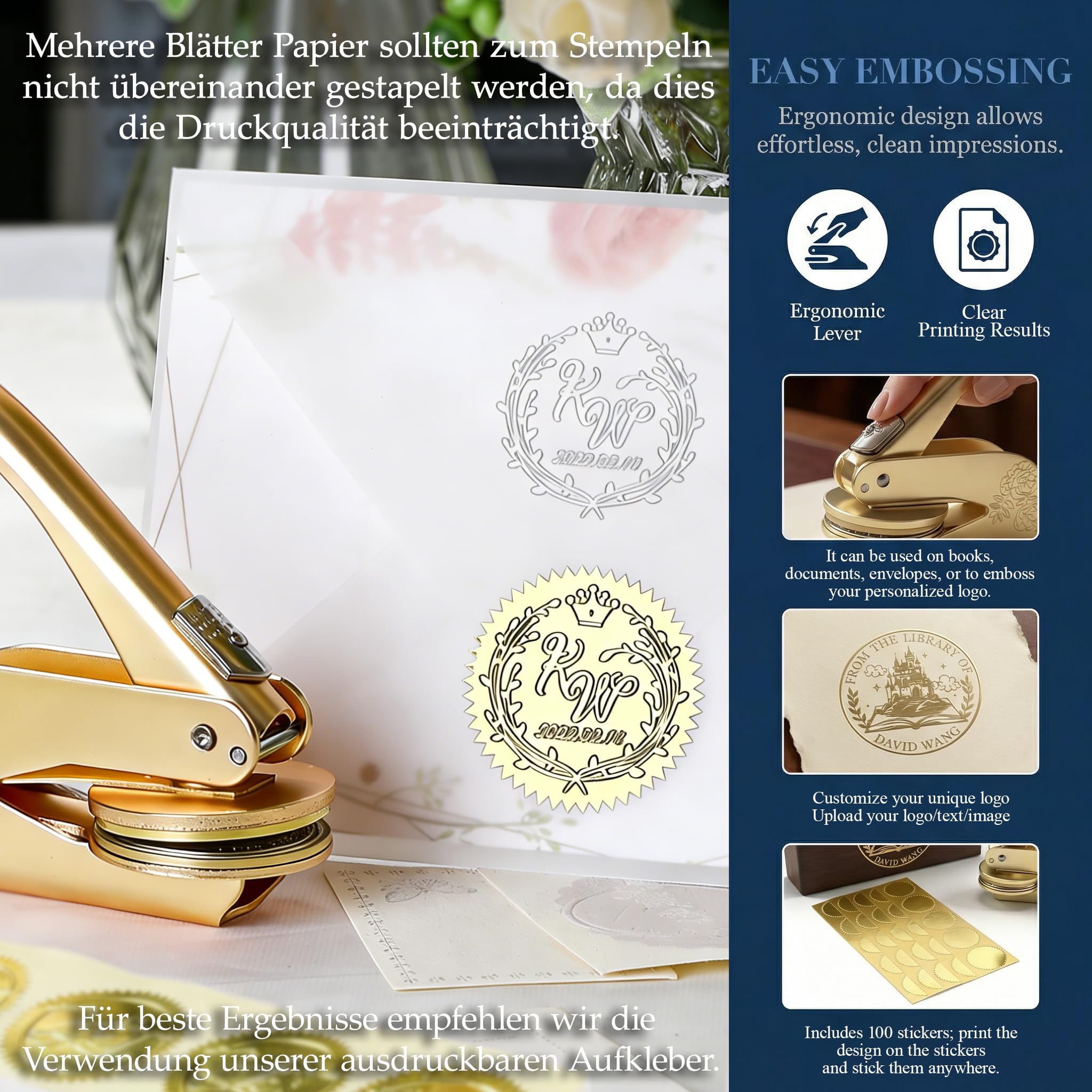 Prägestempel Personalisiert, Mit 100 Aufkleber, Buchpräger mit eigenem Logo, Messing, mit robustem Stahlgehäuse, für Bücher, Bibliothek, Hochzeit Einladung, Umschläge, Notarsiegel