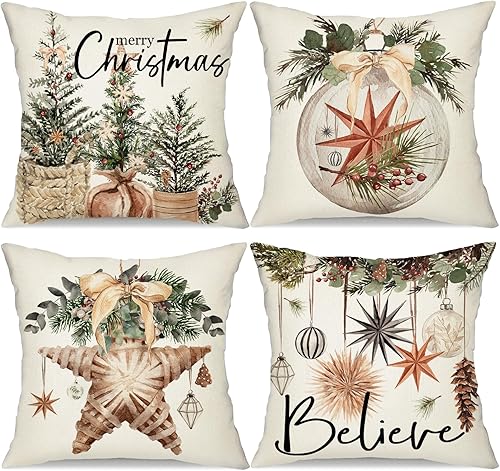 Miniatura 1 de Juego de 4 fundas de almohada de Navidad de 18 x 18 pulgadas, decoraciones navideñas de granja con diseño de árbol de Navidad, fundas decorativas