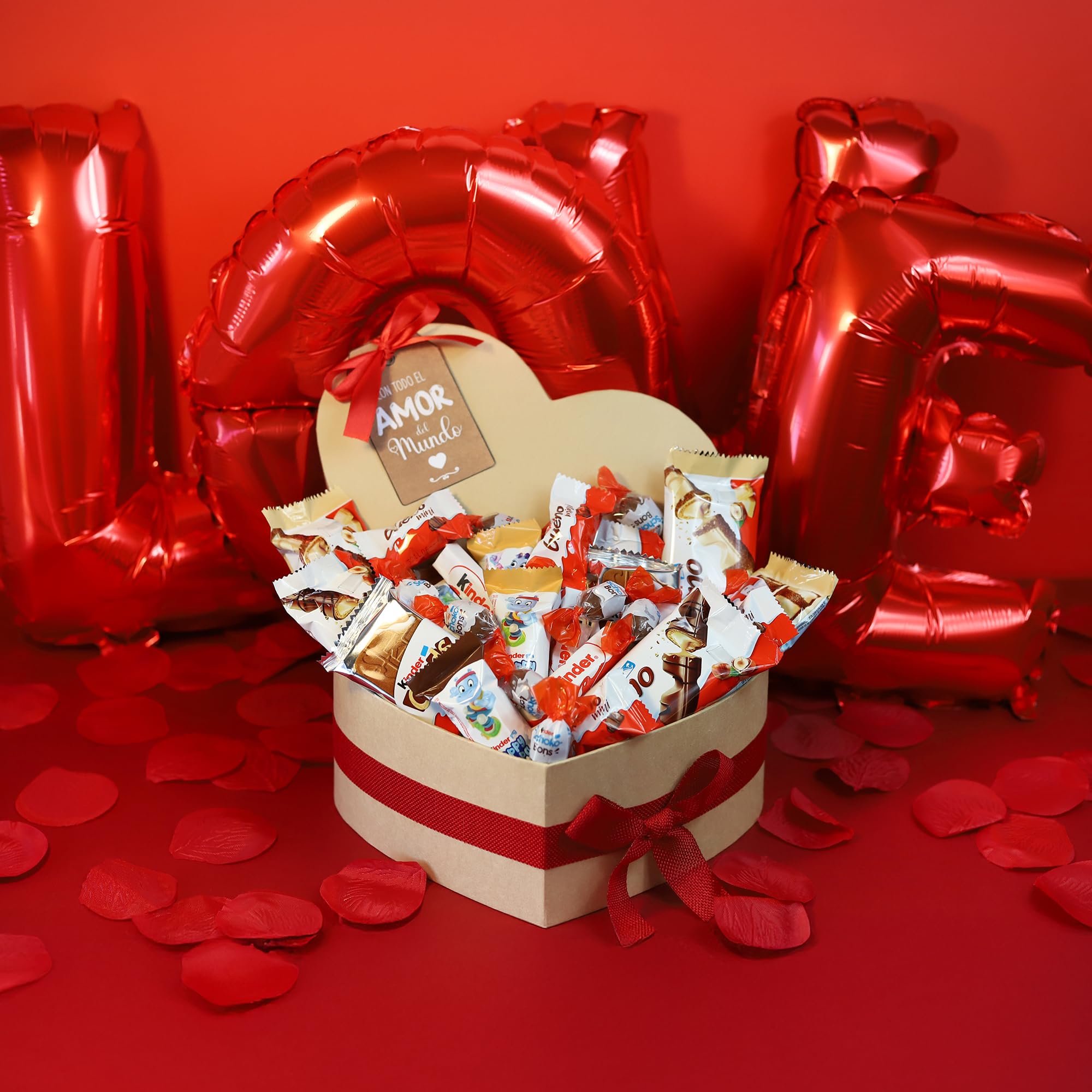 Onza Corazón San Valentín de Chocolates Kinder Bueno para regalar - Caja Chocolates originales con Kinder Bueno Mini, Schokobons, Happy Hippo, Kinder Bueno White - San valentin regalos mujer
