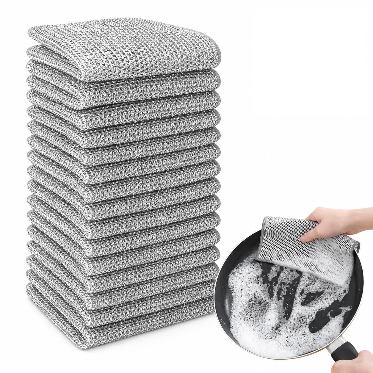 15 Pack Non-Scratch Wire Dishwashing Cloths – 20x20 cm Double Layer Silver Mesh Dishcloth – Multipurpose Steel Wire Cleaning Cloth – Reusable Cleaning Rags for Washing Dishes, Cookware, Sink, Stove