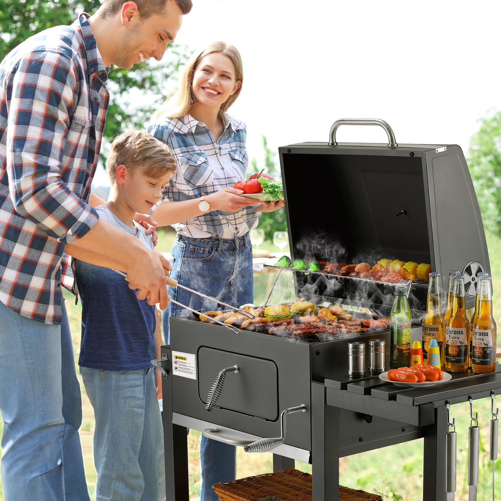 TLSUNNY Barbecue Carbonella con Coperchio, XL Barbecue a Carbone con Termometro, Ripiani Pieghevoli, Ruote, BBQ Carbonella in Giardino e all'aperto, Grande Capacità, Nero