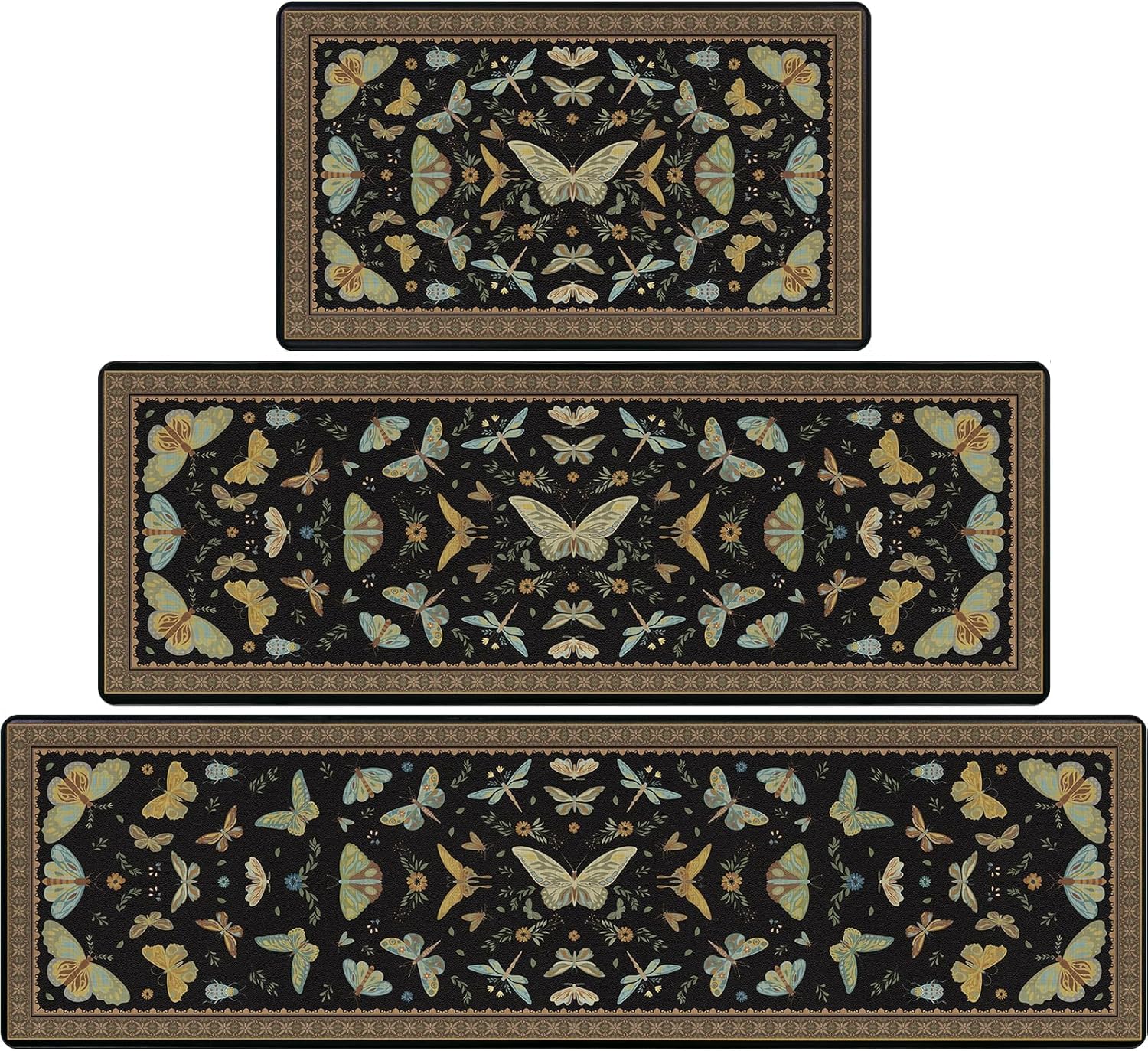 Yinhua Kitchen Rugs Sets of 3, Black Insect Kitchen Rugs Non Slip Washable, Farmhouse Anti Fatigue Mats for Kitchen Floor, PVC Waterproof Rug for Spring Summer, 18''x30''+18''x48''+18''x60''