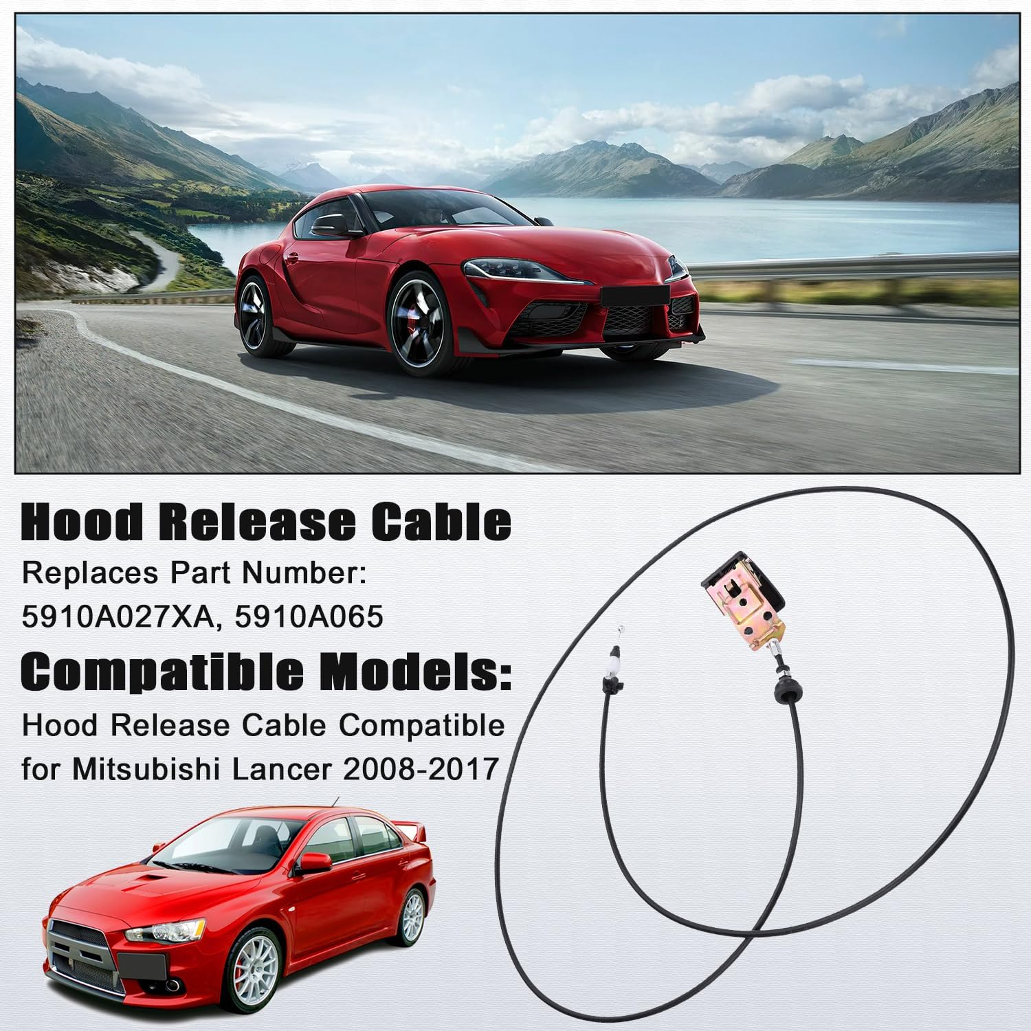Hood Lock Release Cable Line with Handle Compatible for Mitsubishi Lancer 2008-2017 Replaces 5910A027XA 5910A065 Hood Release Cable