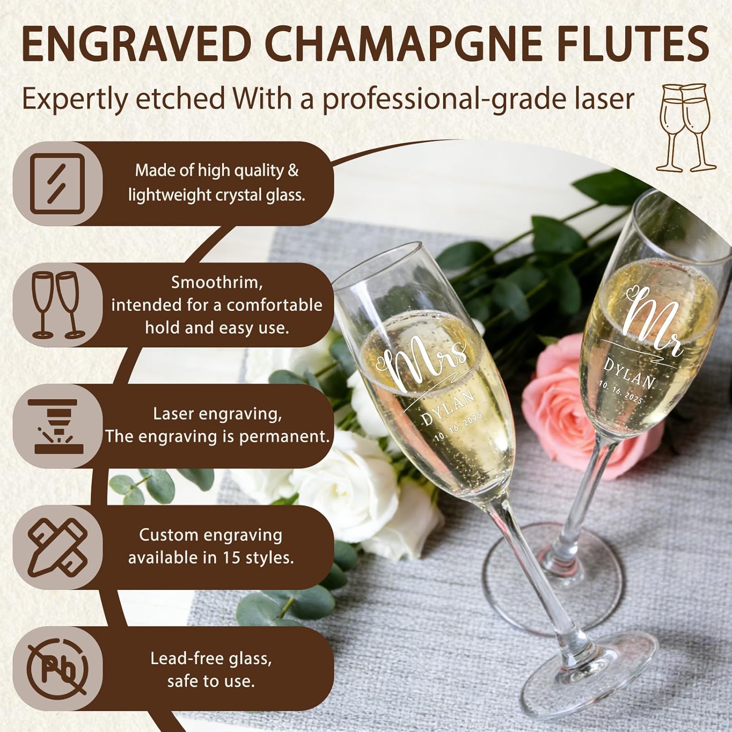 Mr & Mrs Personalized Champagne Flutes - Custom Engraved Wedding Gifts Customized Crystal Glasses for Couple Set of 2 Anniversary Engagements Anniversary Bridal Shower Party - Image 4