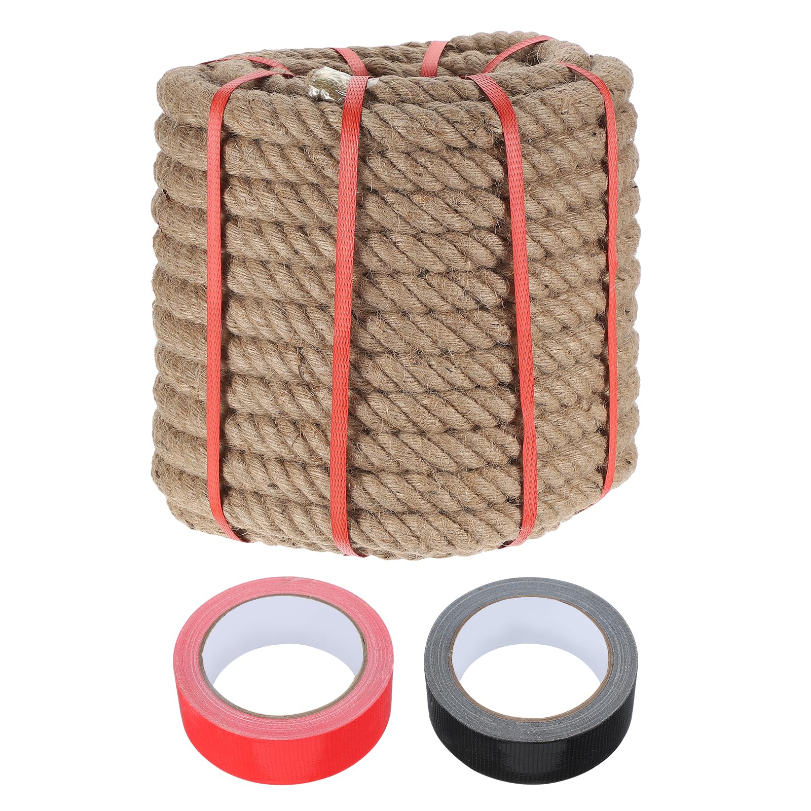 sourcing map Jute Rope 1 Inch x 98ft, Heavy Natural Thick Twisted Rope with 2 Roll Tapes for Crafts Railing Docks Tug of War Swing Nautical Landscaping