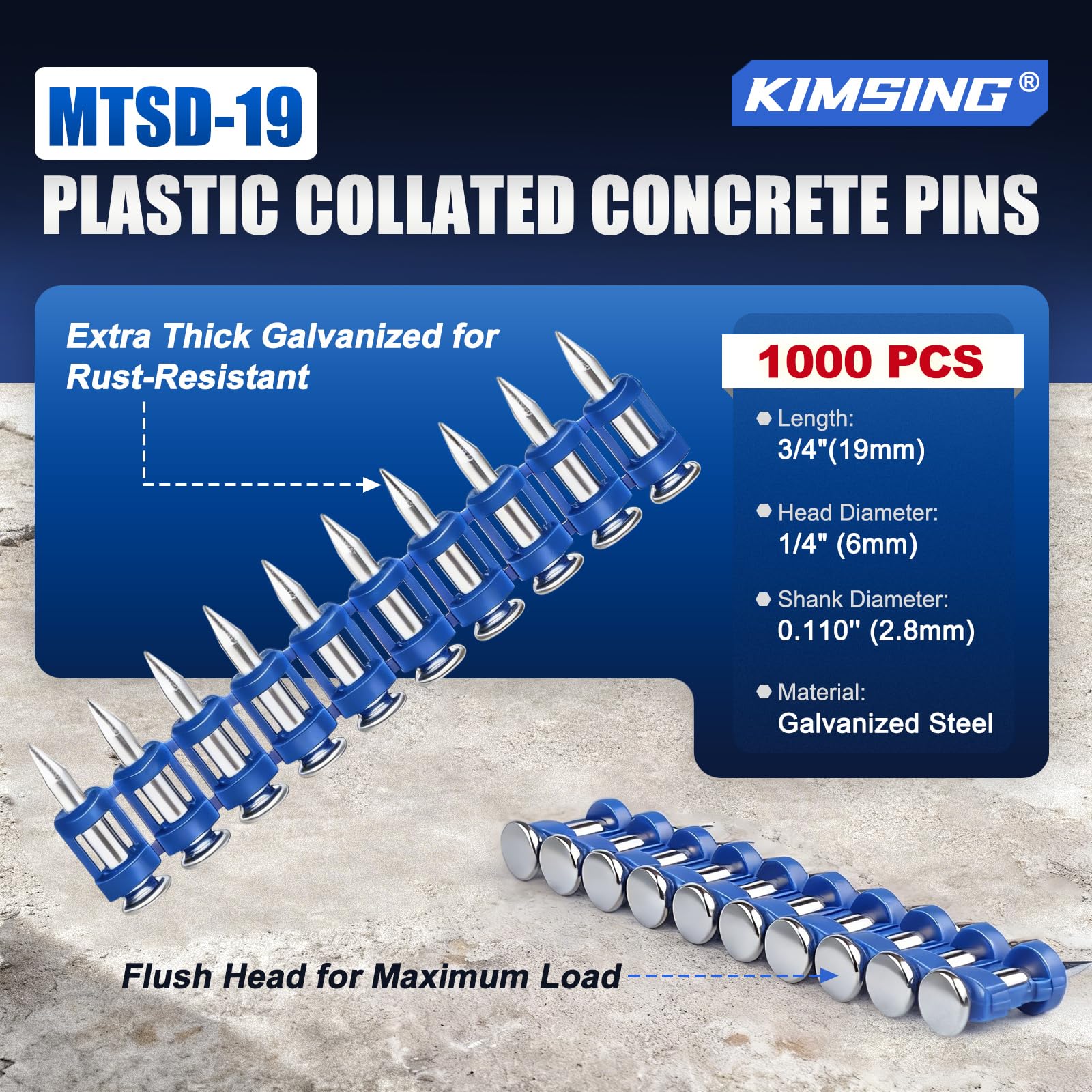 MTSD-19 12 Gauge 19mm Smooth Shank Plastic Collated Concrete and Steel Drive Pin Mechanical Galvanized for Gas Power Concrete and Steel Nailer 1000 PCS/Box (1 boîte)