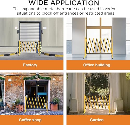 Miniatura 5 de TECSPACE Barricada de metal expandible industrial, tamaño de expansión 11.5 pies, amarillo y negro, Barricada de seguridad de acero duradero con