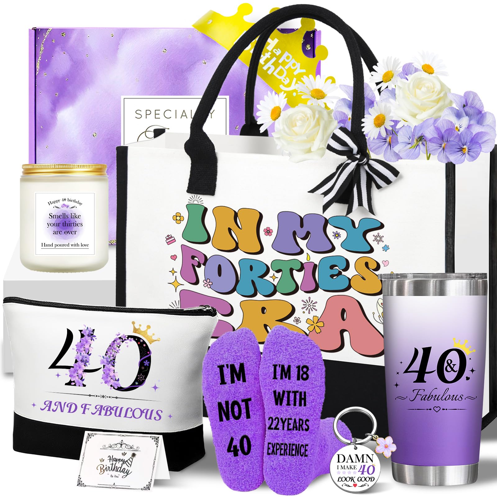 Zyphoria 40th Birthday Gifts for Women, Funny 40th Birthday Gifts for Her, Funny Gift for 40 Year Old Woman, 40 and Fabulous Canvas Tote Bag Gift Set, Happy 1985 Gift Basket for Her Mom Sister Friend