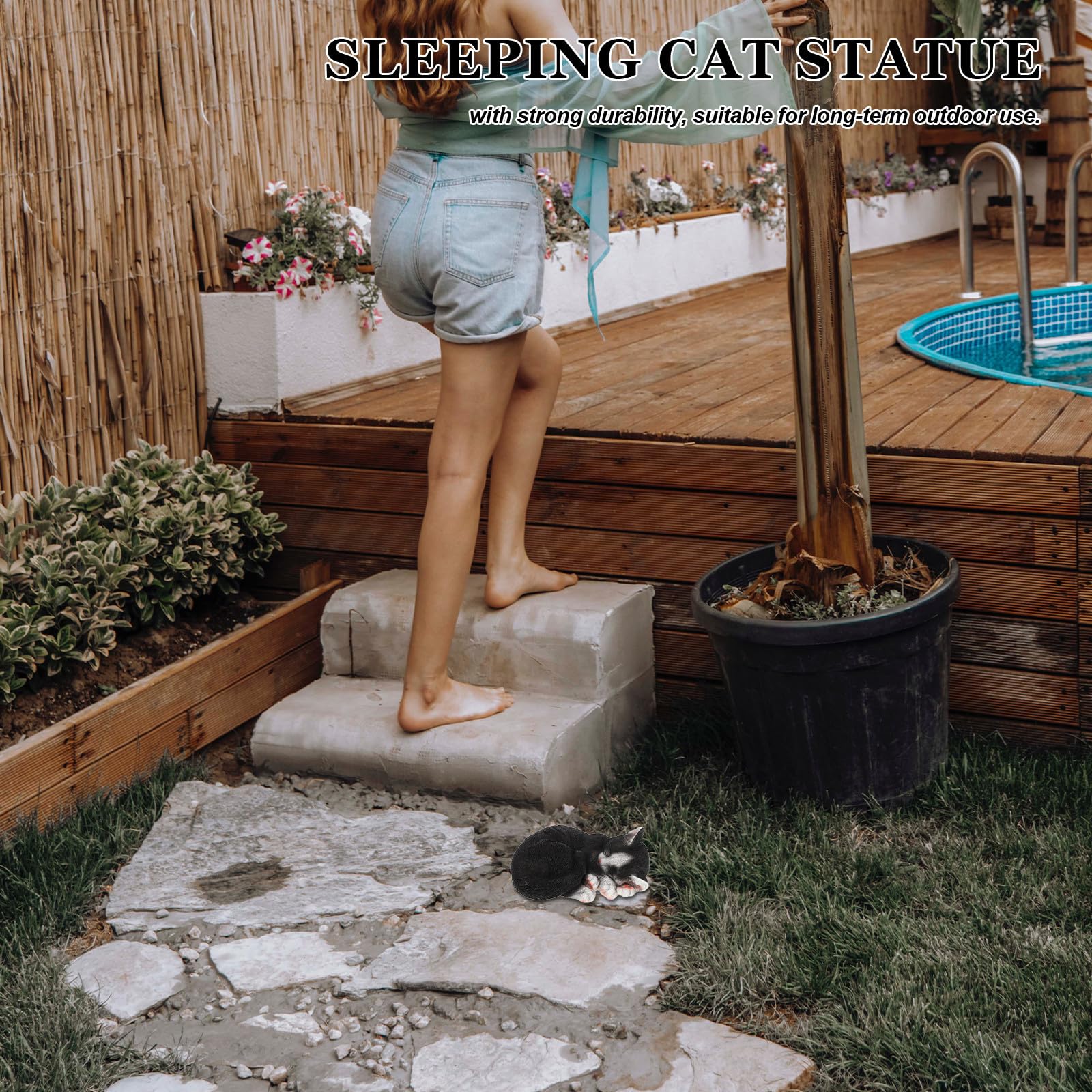 Estatua de Gato de Resina Negro, Figura de Gato Dormido para Jardín
