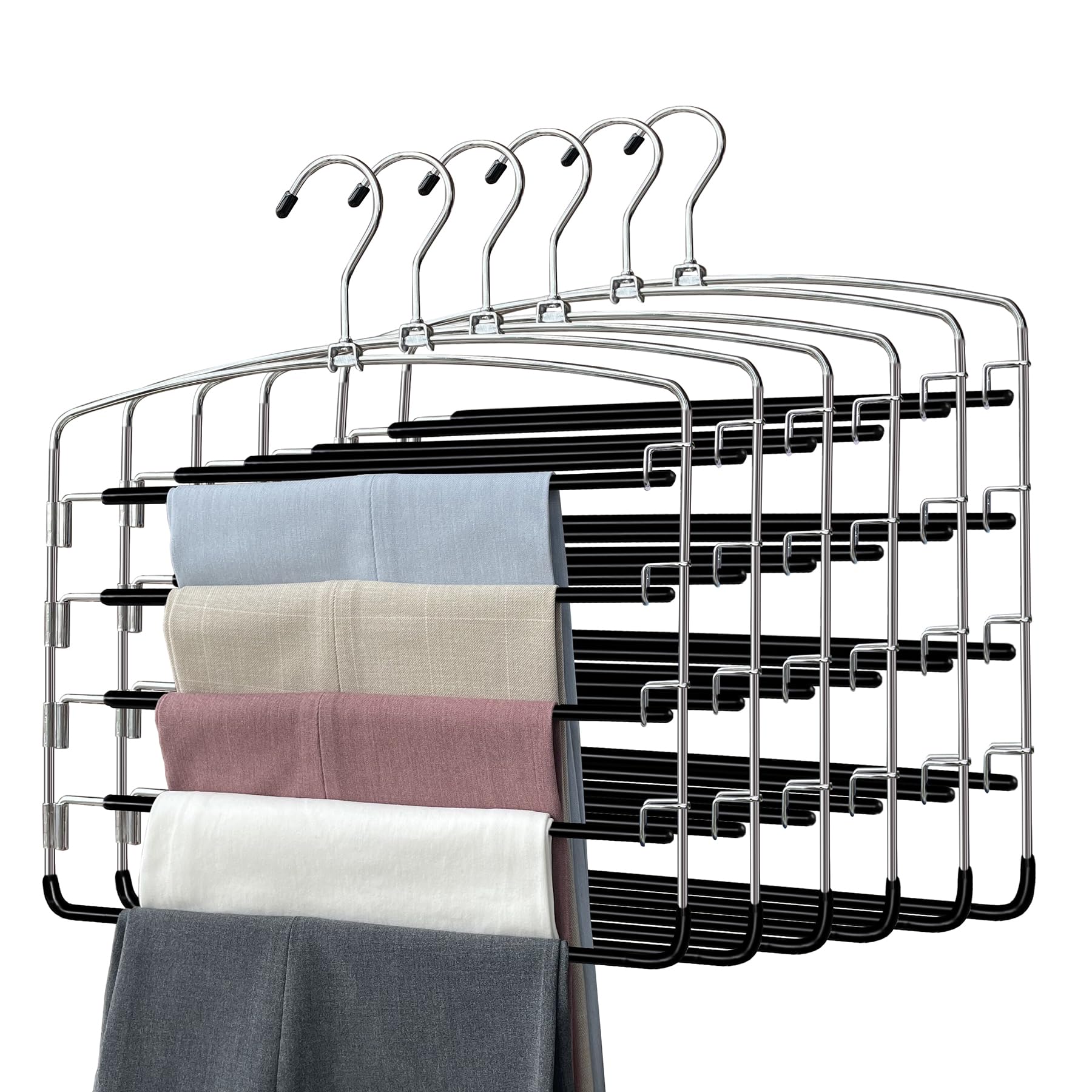 Hosenbügel, 6 Stück, 5 Etagen, Schrank-Organizer und Aufbewahrung, Kleiderbügel, platzsparend, mit Schwingarm, mehrere Metall-Kleiderbügel, Kleiderorganisation für Hosen, Hosen, Jeans, Leggings, Hosen