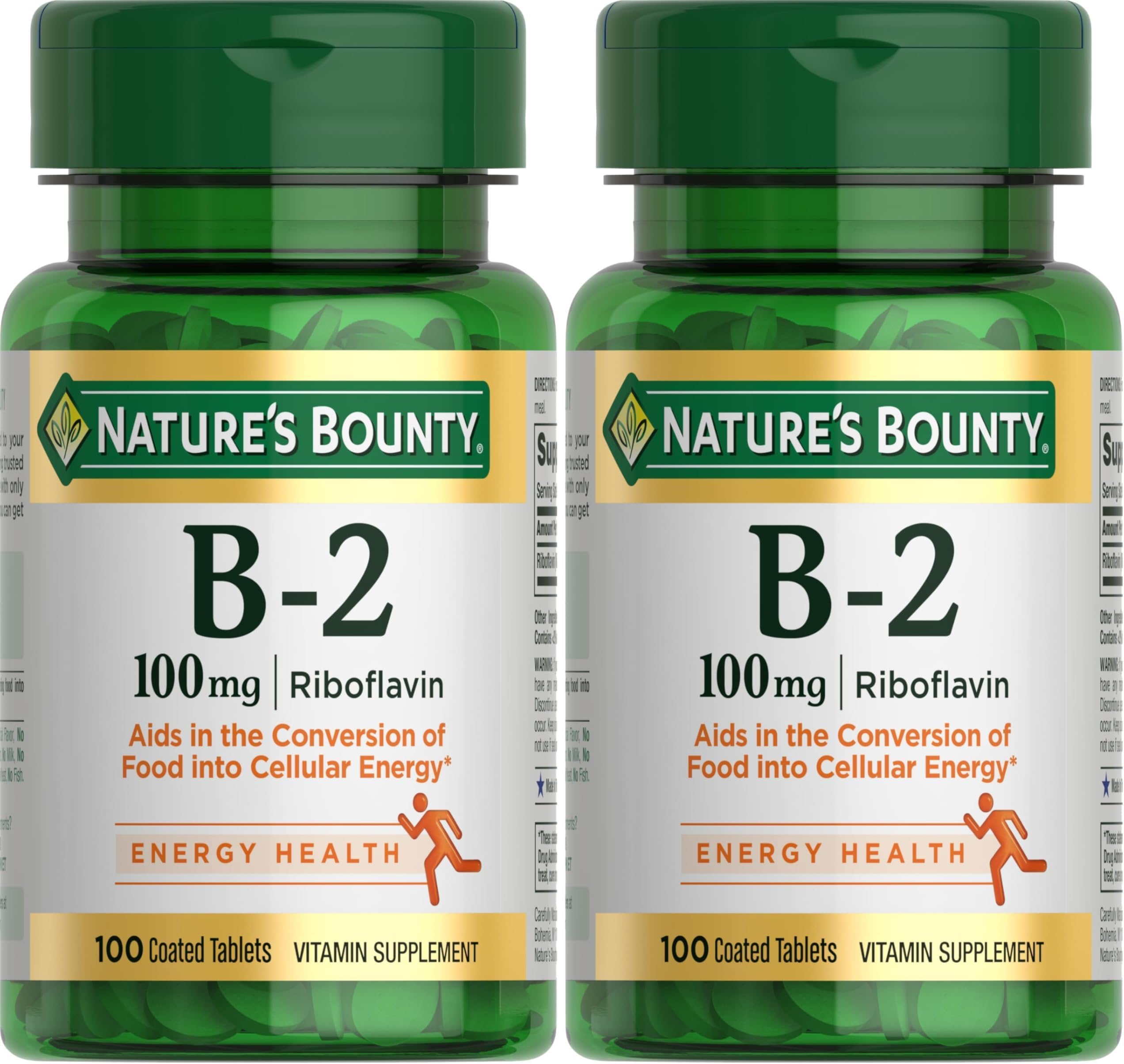 Nature's Bounty Vitamin B2 as Riboflavin Supplement, Aids Metabolism, 100mg, 100 Count (Pack of 2) No artificial flavor 100 Count (Pack of 2)